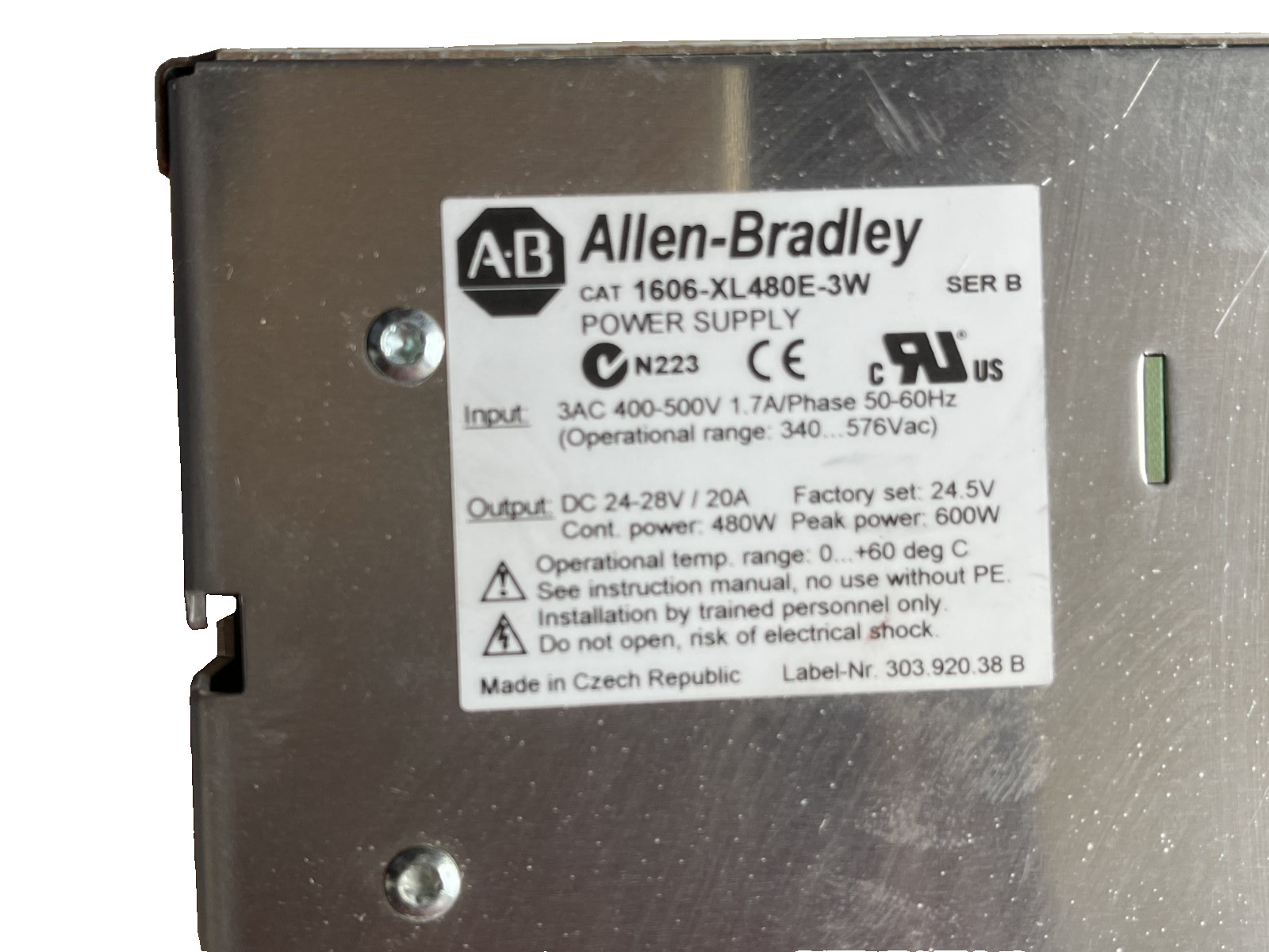 ALLEN BRADLEY 1606-XL480E-3W POWER SUPPLY 1606-XL 24VDC 20A SER. B