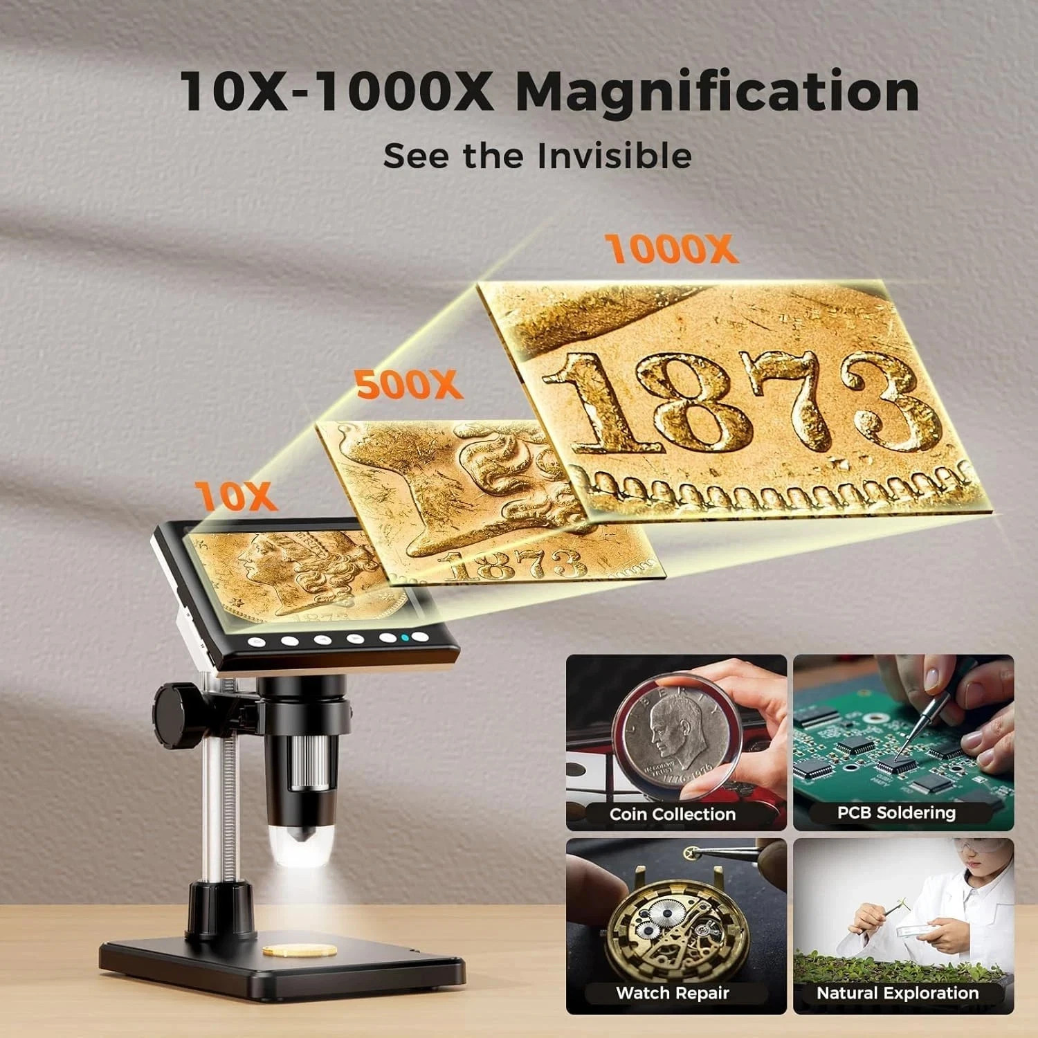 4.3 Inch LCD Digital Coin Microscope, 1000X USB Magnifier with 8 Adjustable LED