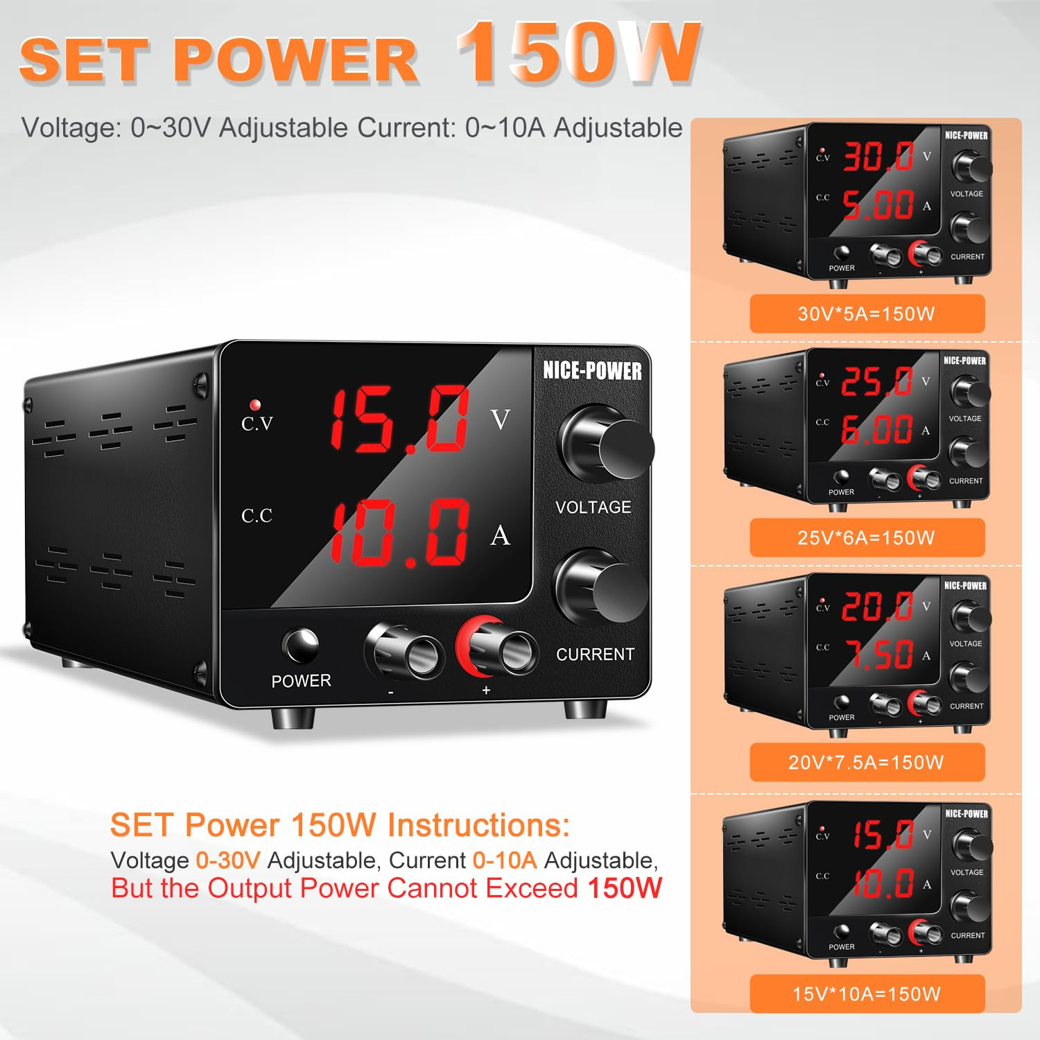 NICE-POWER DC Power Supply Variable 0~30V 0~10A, 3-Digits LED Display Current an