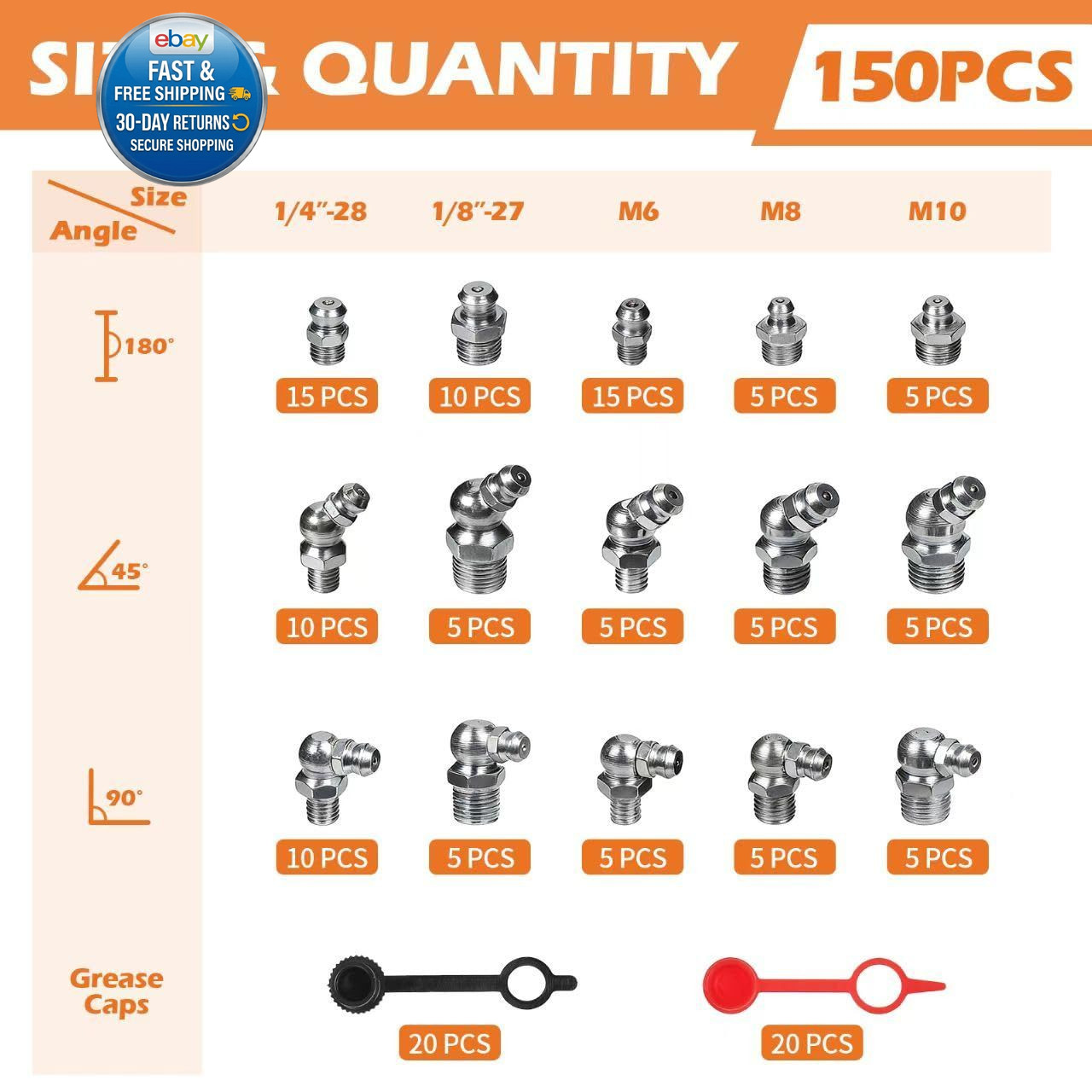 Grease Fittings Assortment, 150Pcs 1/4″ 1/8″ M6 M8 M10, Silver,Blue