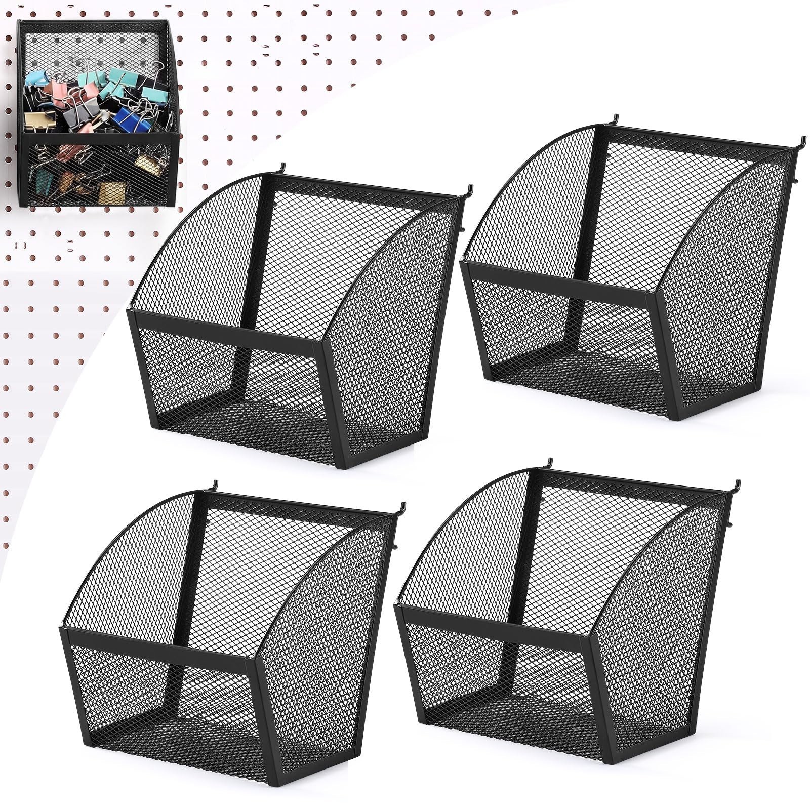 4 Pack Pegboard Baskets Metal Wire Storage Basket Hanging Wall Mount Bins Con…
