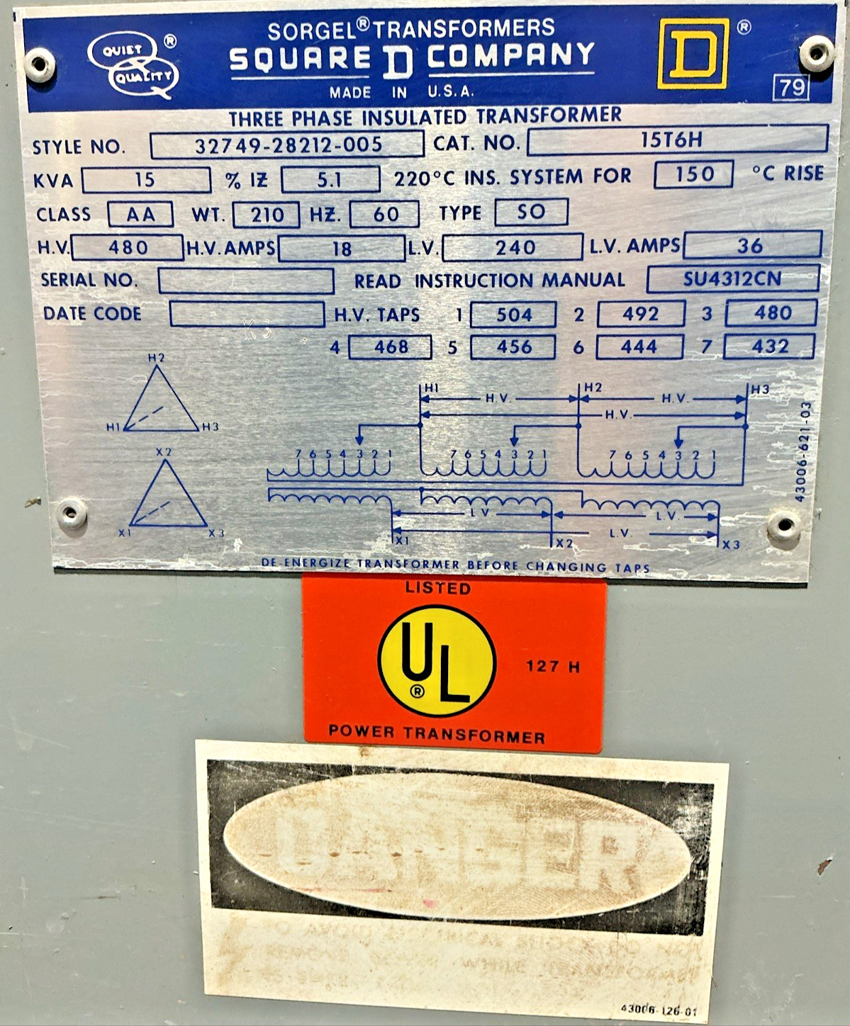 Square D 15 kVA 480V Transformer 3PH 60HZ 480Y/240V 15T6H 🟦