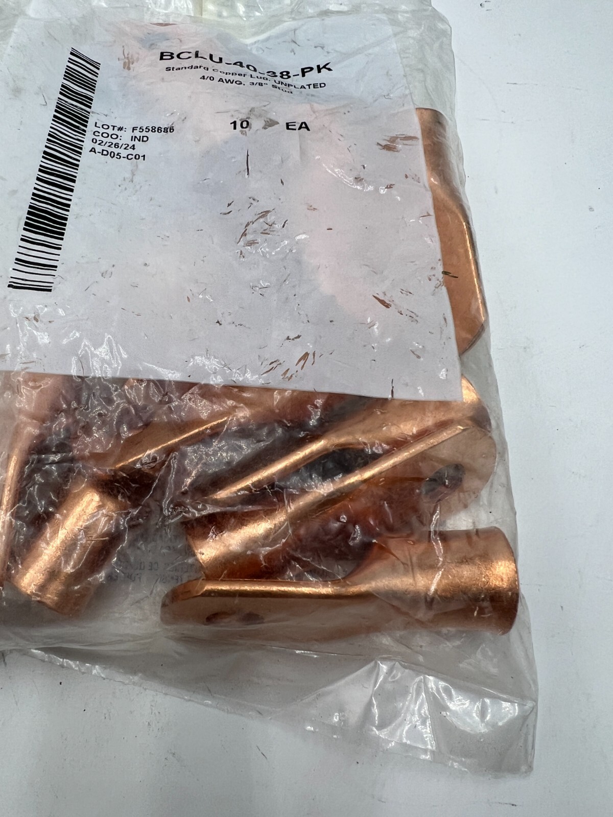 BAG OF 10 BCLU-40-38-PK Standard Copper Lug Unplated 4/0 AWG 3/8″ Stud