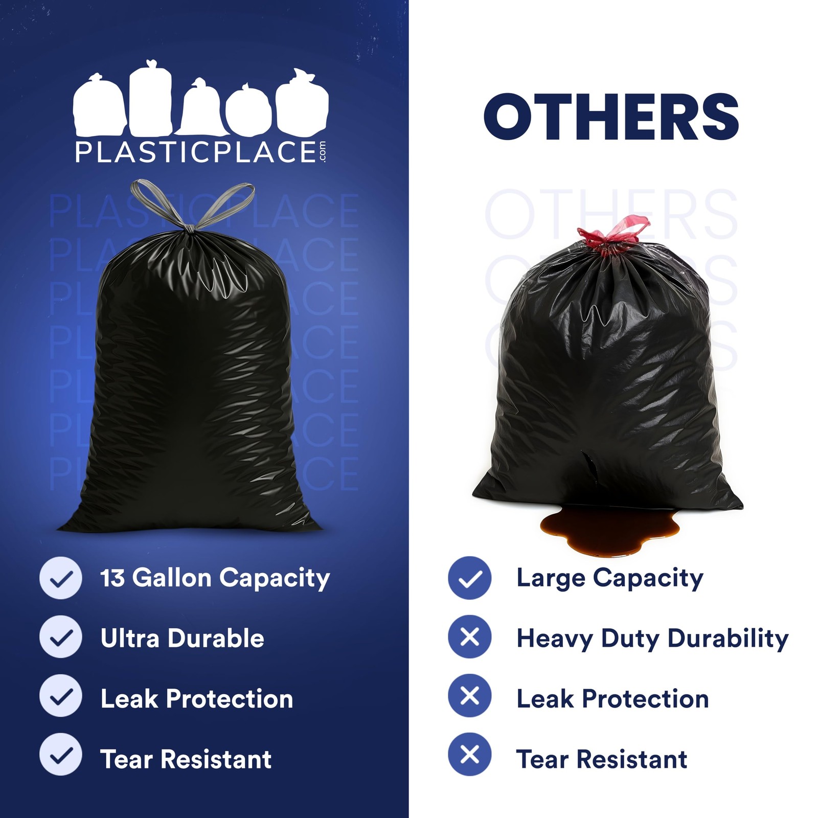 Plasticplace 13 Gallon Extra Tall Drawstring Kitchen Trash Bags Black 1.2 Mil