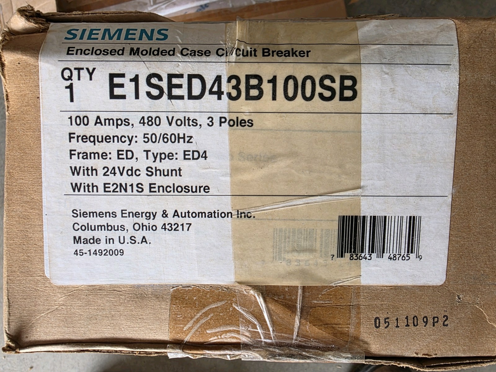 New Eaton E1SED43B100SB 100A 480V 3 Pole Circuit Breaker w/ 24 Volt Shunt Trip