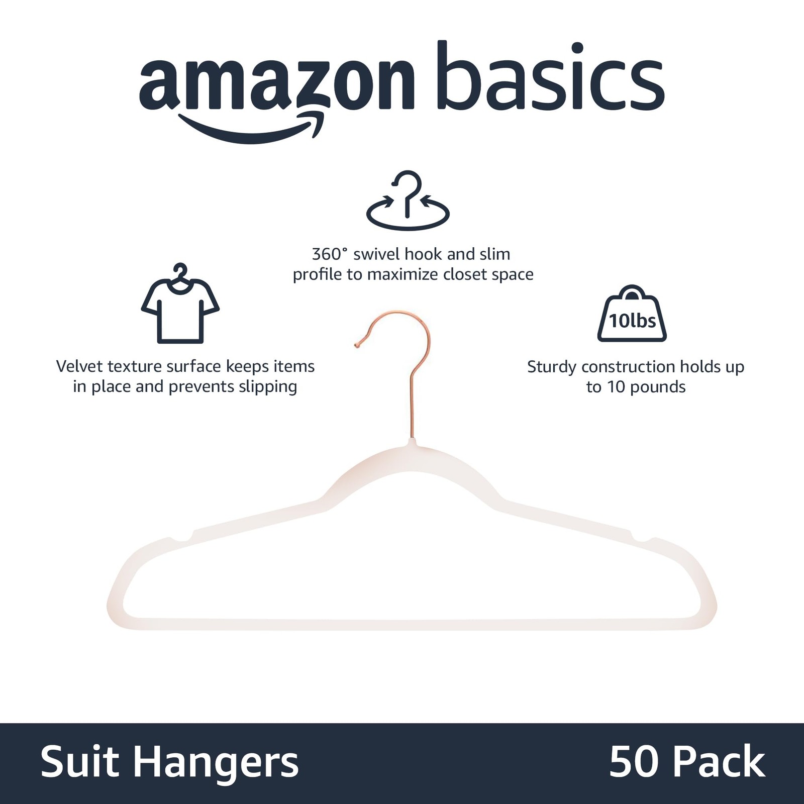 Amazon Basics Space Saving Slim Velvet Pack of 50, Blush Pink/Rose Gold