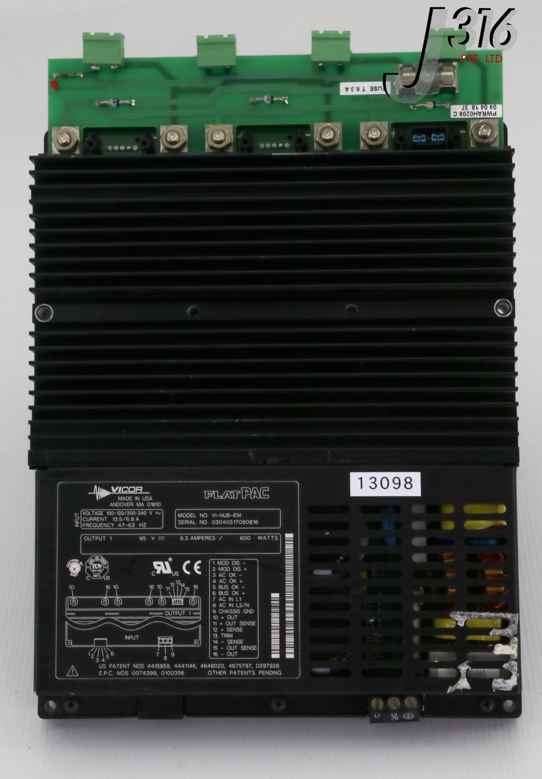 13098 VICOR FLATPAC SWITCHING POWER SUPPLY, 95VDC, 6.3A, 600W VI-NUB-EM