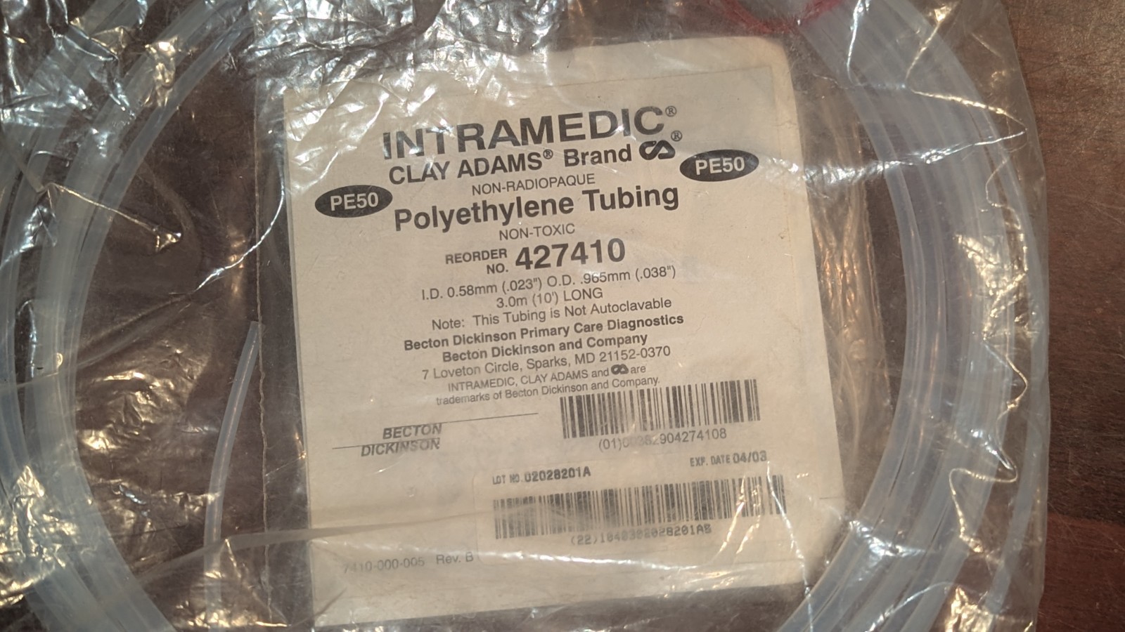 Clay Adams 427410 Non-Toxic Polyethylene Tubing 0.58mmx0.965mmx3m NOS