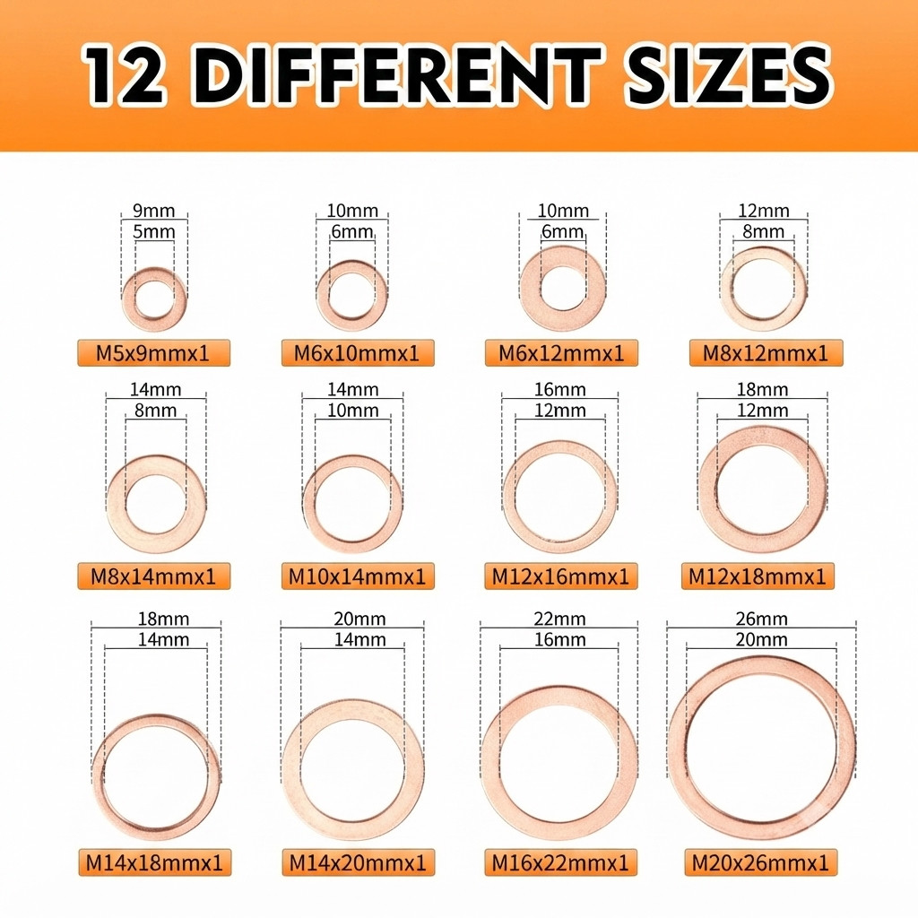 330PCS Copper Crush Washer Assortment Kit M5-M20 Metric Copper Sealing Washers f
