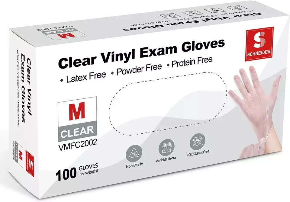 Schneider Clear Vinyl Exam Gloves, Latex-Free, Disposable, 4 Mil