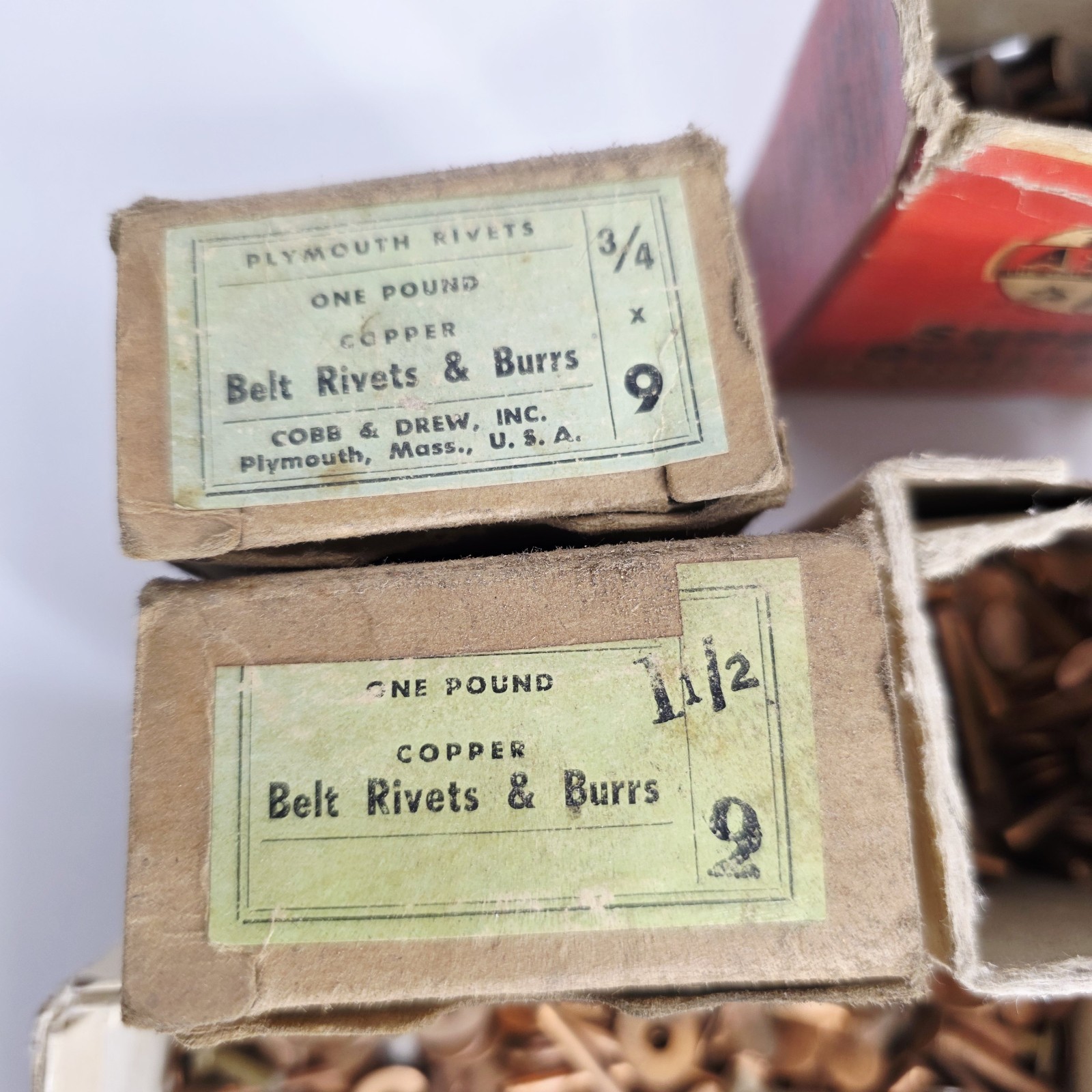 9 Pounds Vintage Copper Steel Belt Fasteners Tubular Rivets Burrs Boxes Lot Bulk