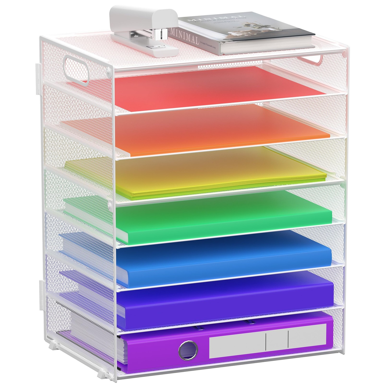 8 Tier Paper Letter Tray Organizer Mesh Desk File Holder Storage Handle White