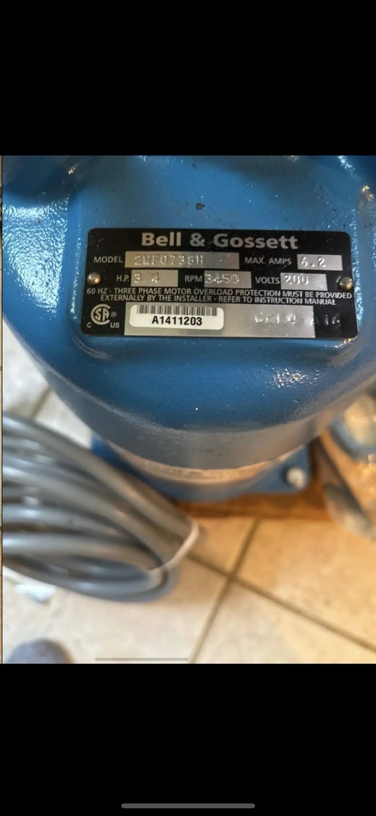 Bell & Gossett Submersible Wastewater Pump. 3 Phase 3/4 HP 200 Volts 3450 RPM