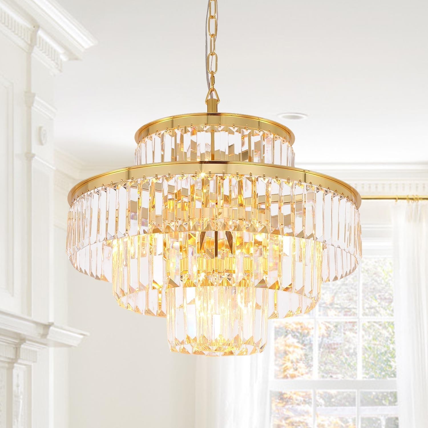Gold Crystal Chandelier 20″ 4-Tier 6-Light Dining Room Ceiling Light