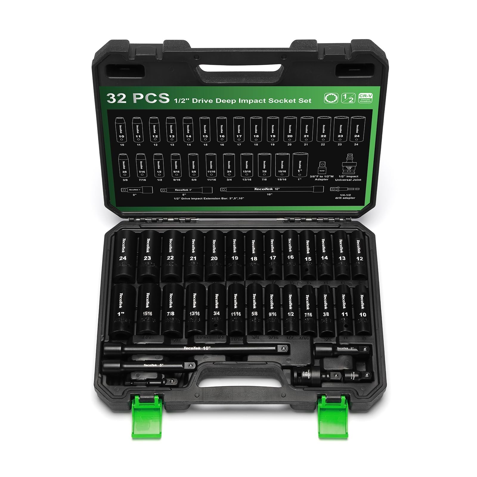 TecoTek 1/2″ Drive Deep 12-Point Impact Socket Set, 32-Piece Socket Set, SAE