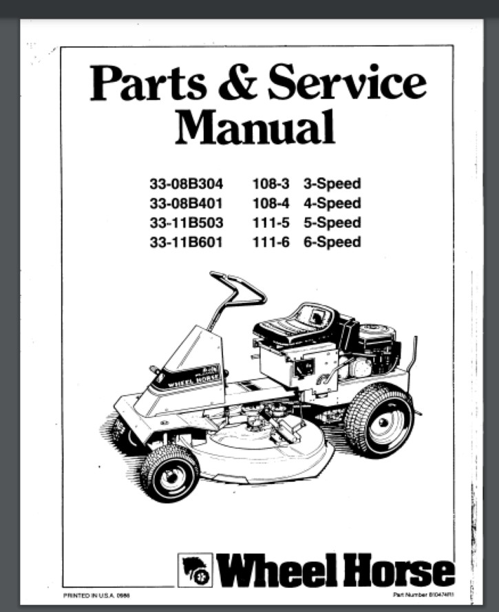 Wheel Horse Rear rider mower 108 – 111 parts and service manual 41 pages 1988
