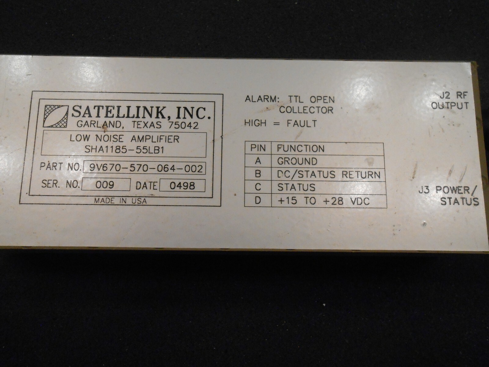 KU BAND LNA, SATELLINK SHA1185-55LB1, P/N 9V670-570-064-002