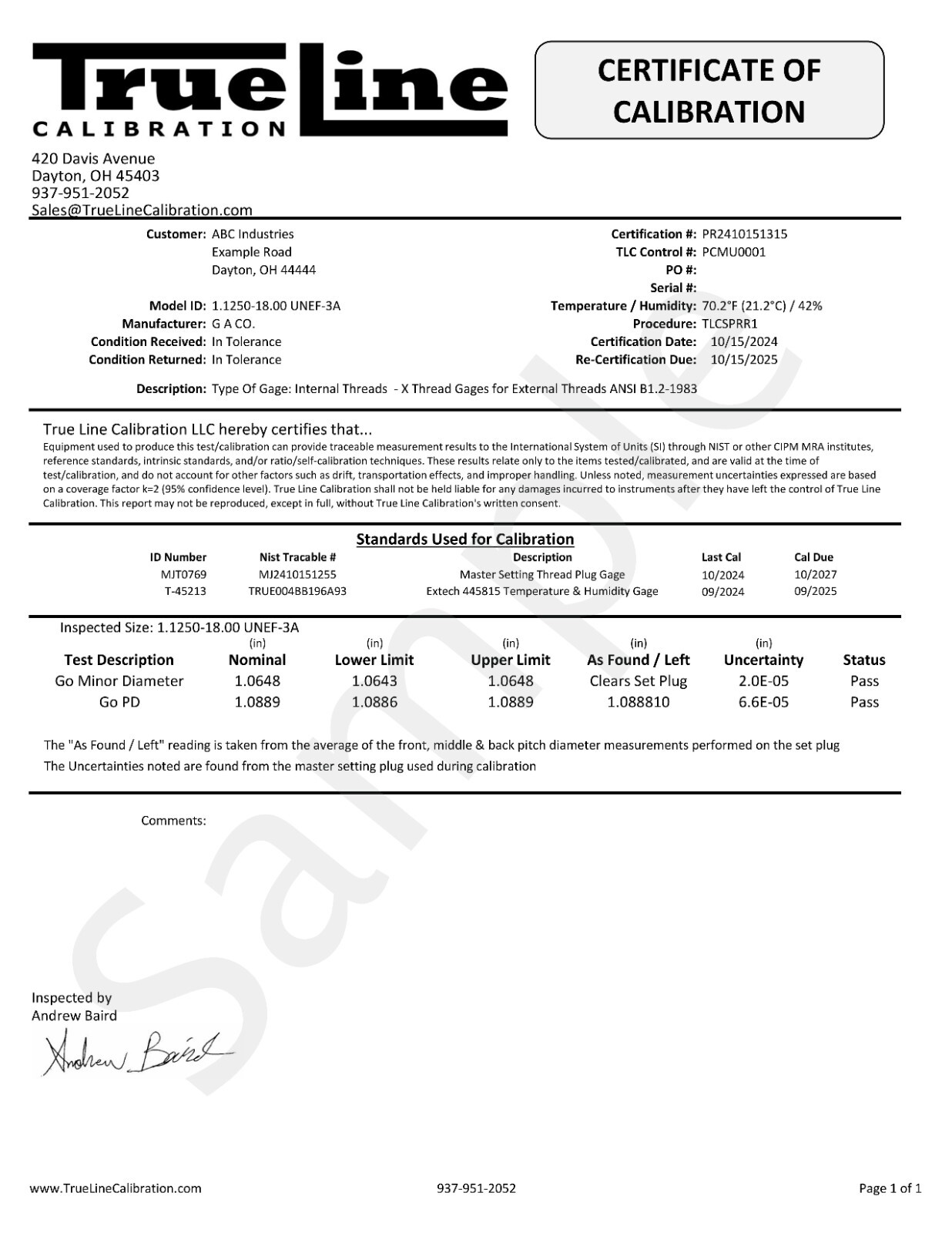 Long Form Calibration Certs For Thread Gage (Purchased w/ M & J Tooling Gage)