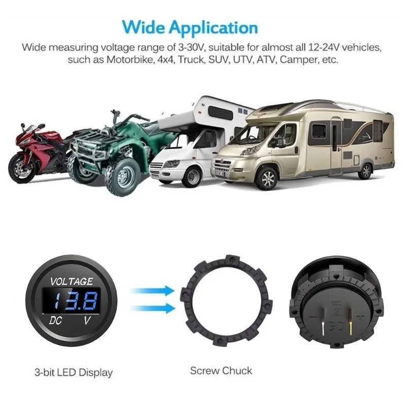 12V-24V Car Marine Motorcycle LED Digital Voltmeter Voltage Meter Battery Gauge
