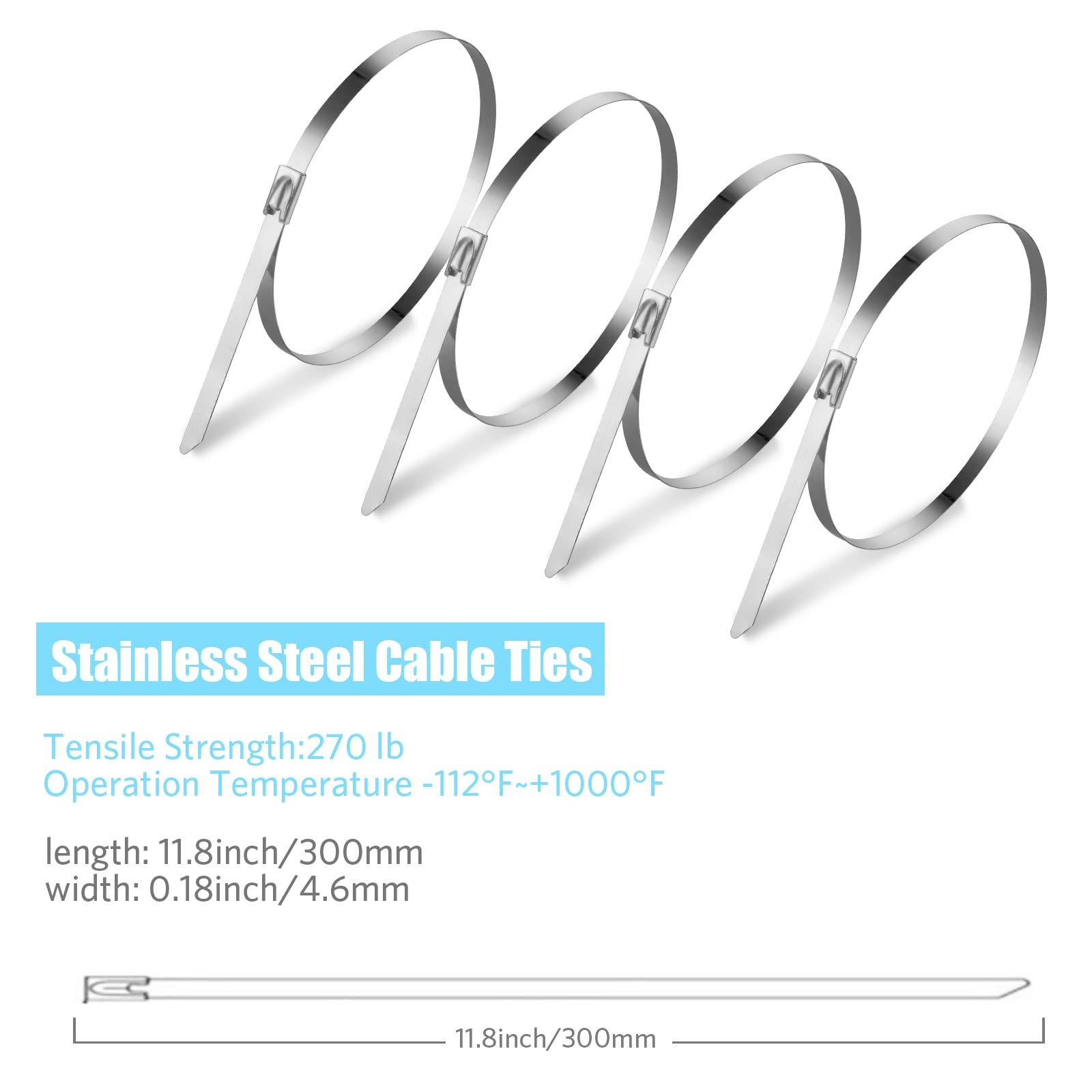100PCS 11.8Inch Metal Cable Zip Ties – 304 stainless steel Heavy Duty