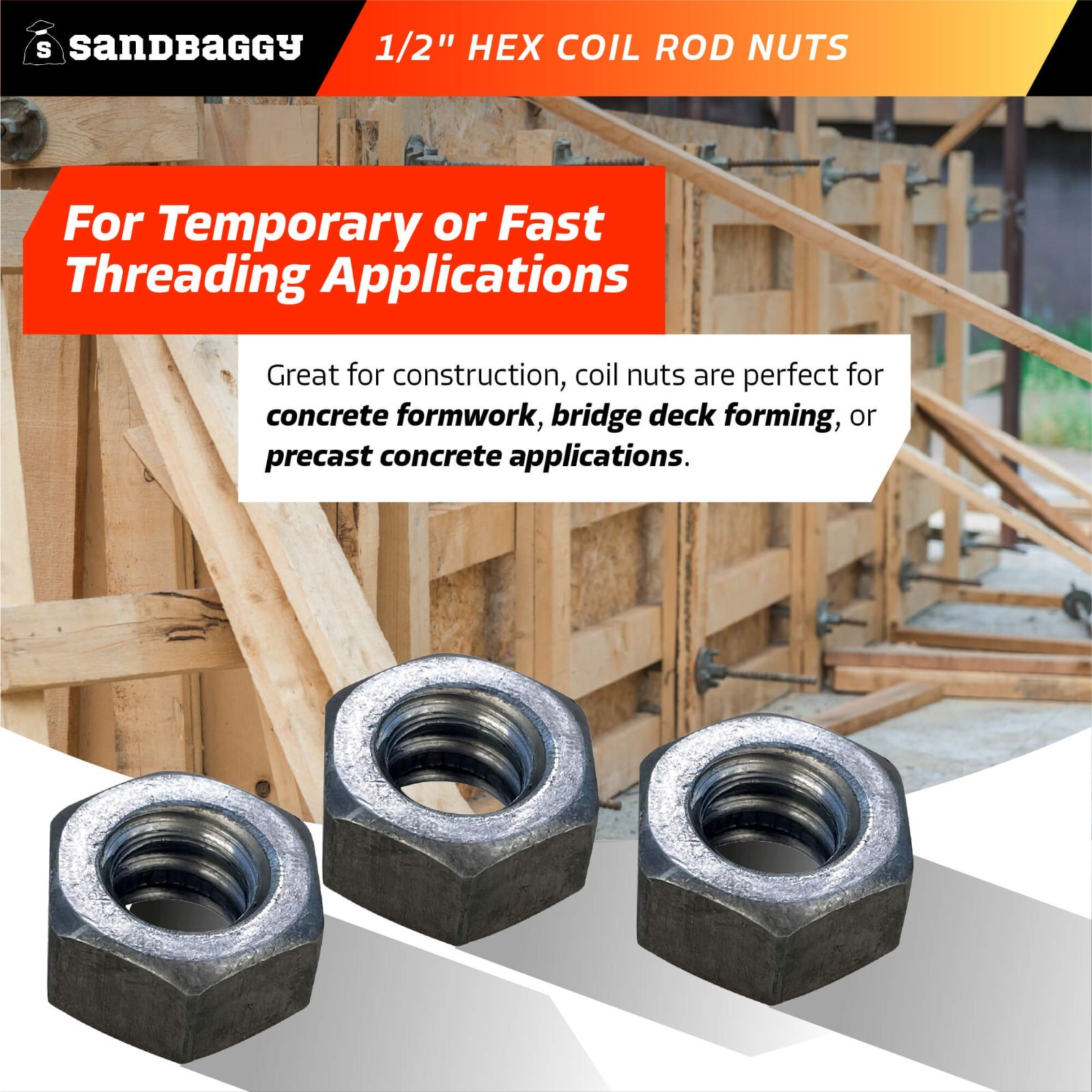 Sandbaggy 1/2″ Hex Coil Rod Nuts (Threaded) – Plain Steel
