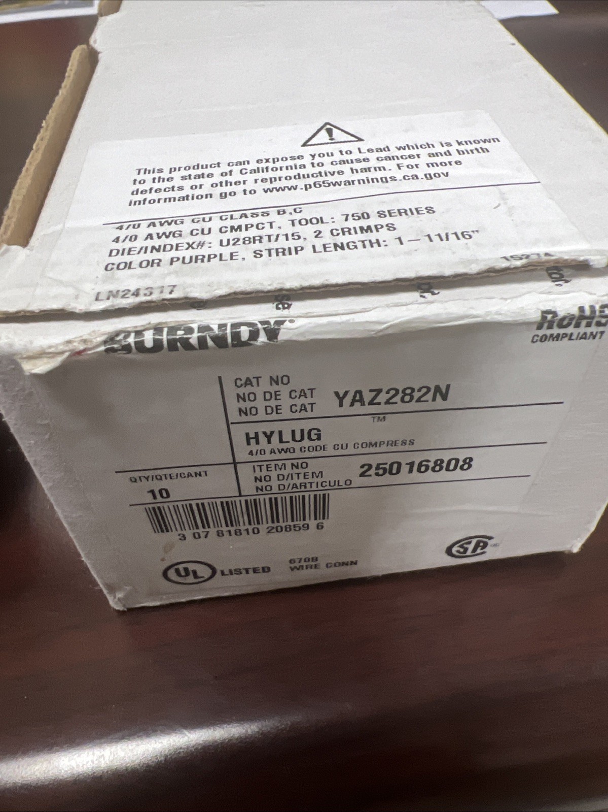 Burndy YAZ282N Box Of 10 Pcs 4/0 AWG Cu Compression Lug 2 Hole Connector