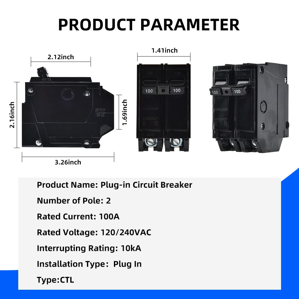 100 Amp 2 Pole Circuit Breaker 120/240V 10KA Plug In Electrical Panel