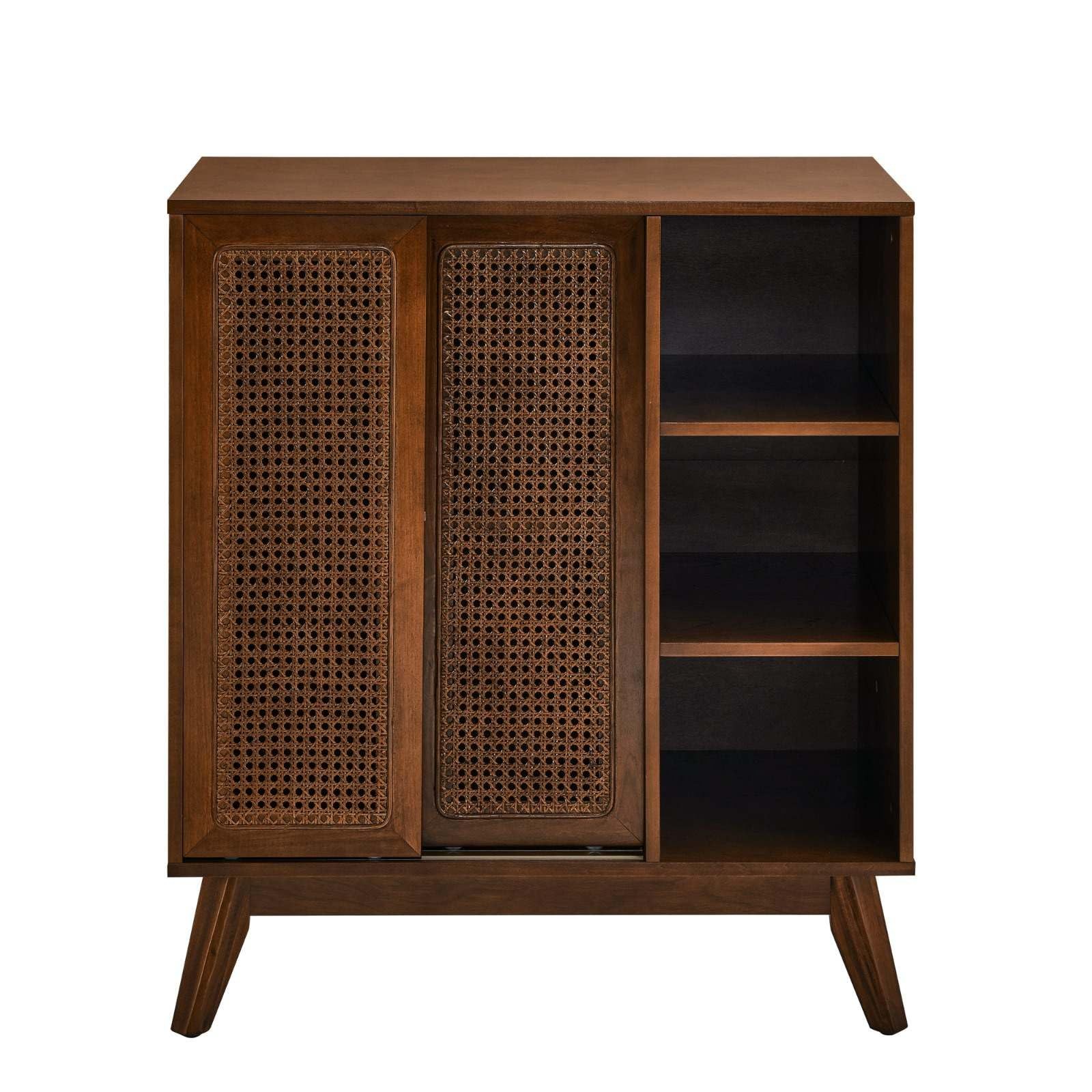 Mid-Century Storage Cabinet Sliding Rattan Doors 36″H Wood Open Shelves Walnut