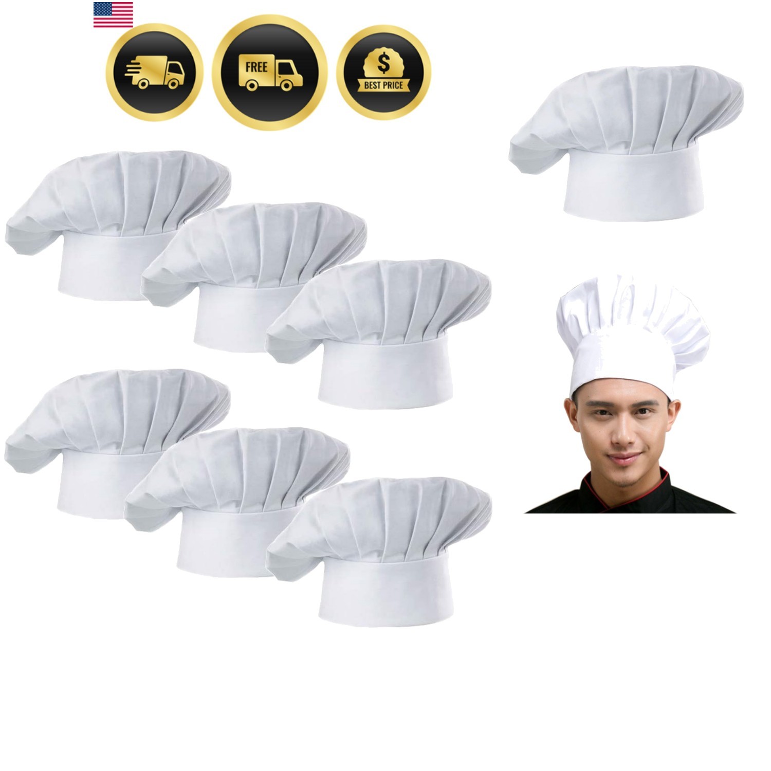 Chef Hat Set of 6 PCS Pack Adult Adjustable Elastic Baker Kitchen Cooking Che…
