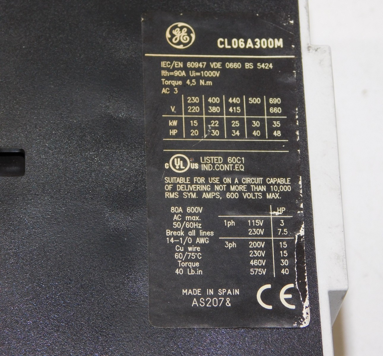 General Electric CL06A300M Motor Contactor 80A 3P 600V Module GE Unit Made Spain