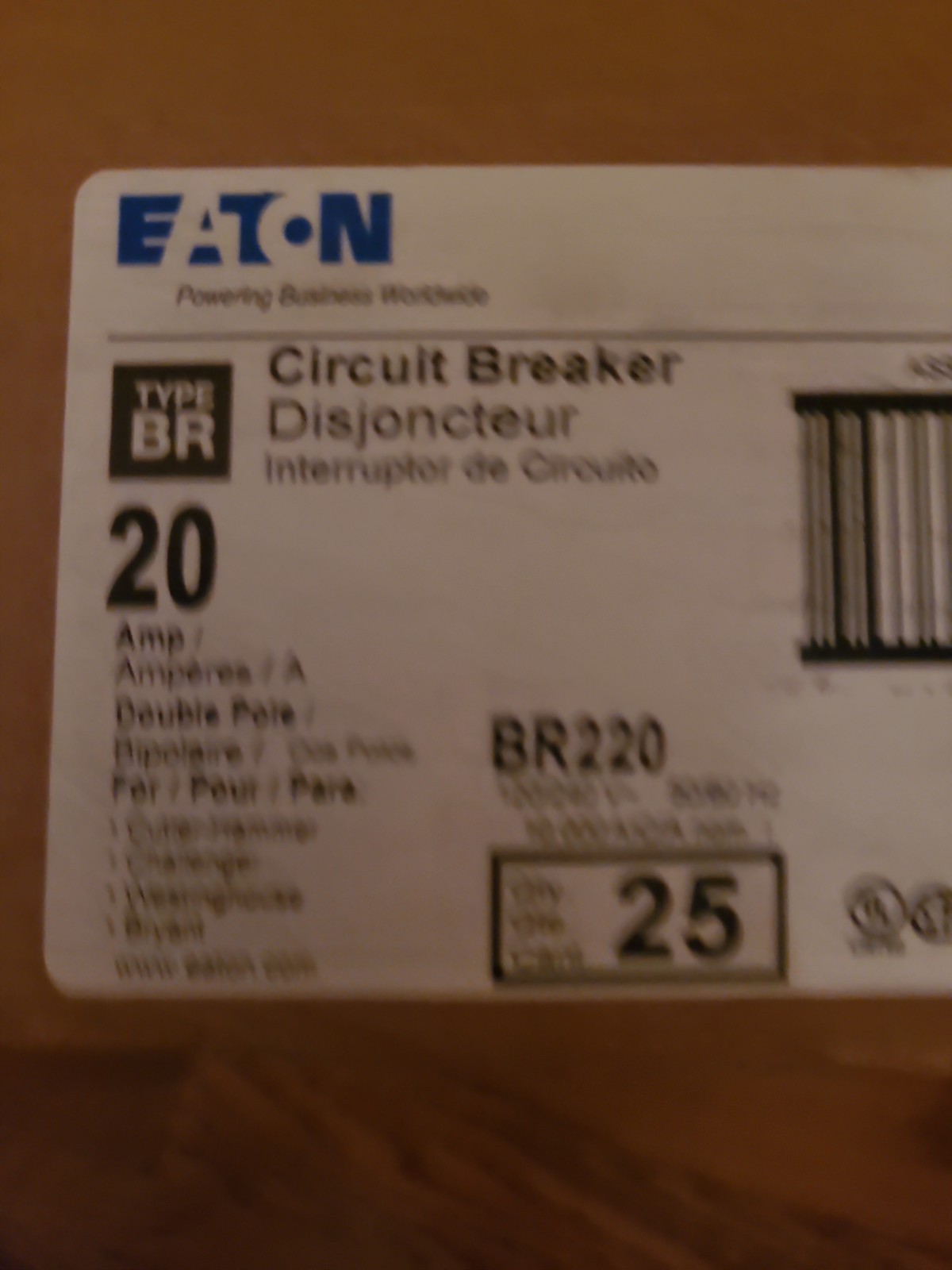 Box of 25 EATON BR220 BR 20 Amp 120/240 Volts 2-Pole Circuit Breaker * NEW *