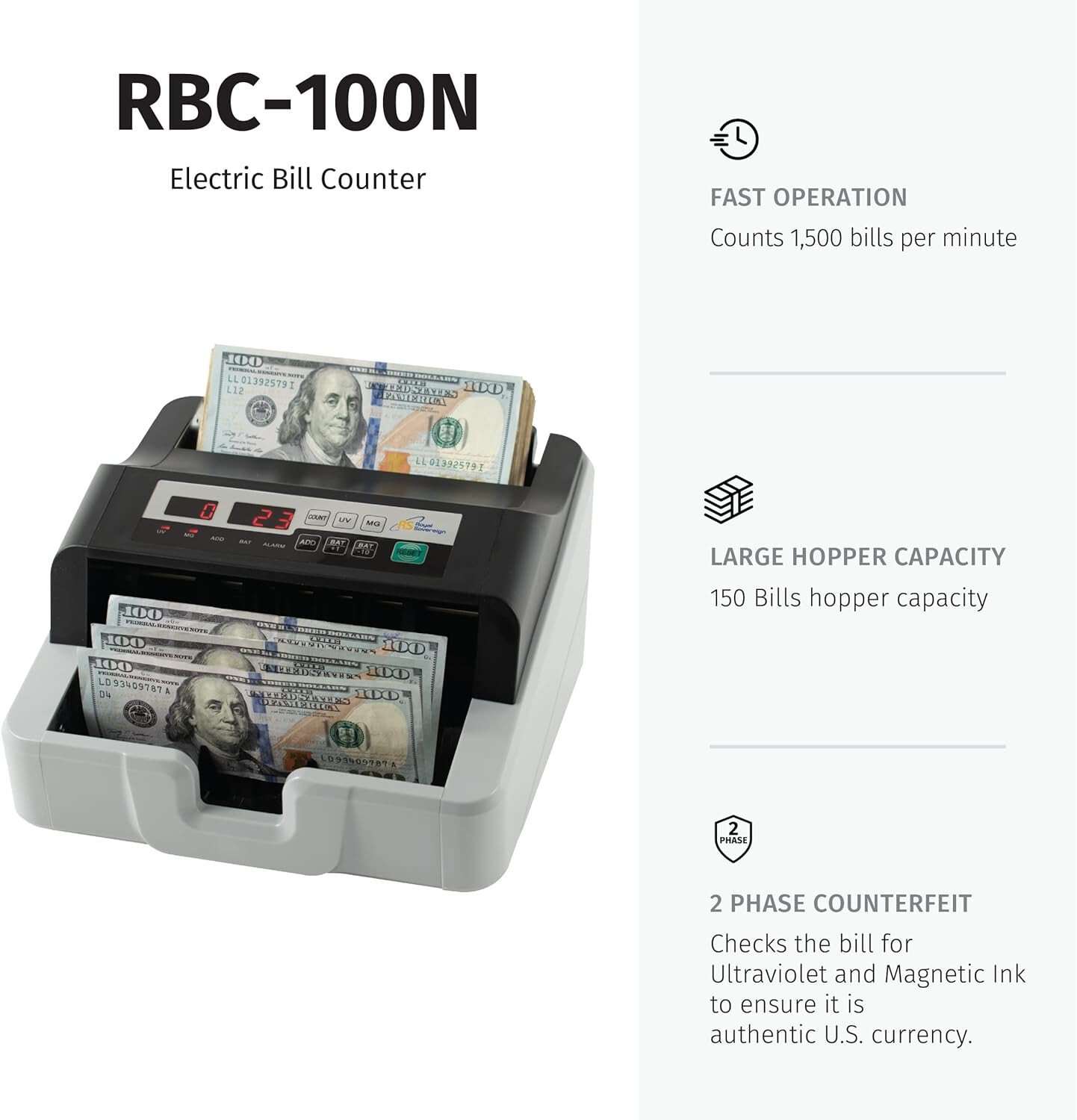 Royal Sovereign High Speed Bill Counter, UV/MG Counterfeit Detection (RBC-100N)