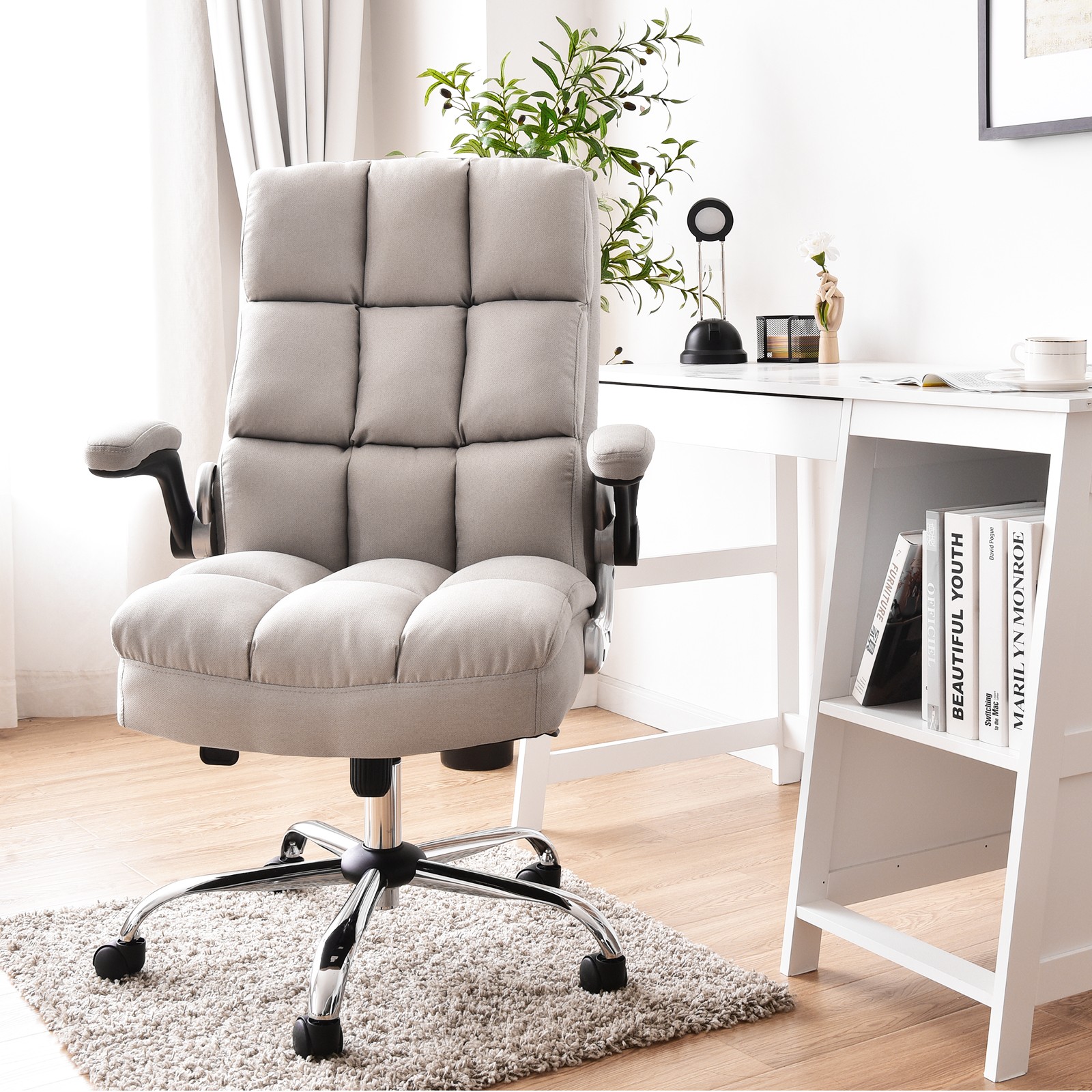 Costway High Back Big & Tall Office Chair Adjustable Swivel w/Flip-up Arm Beige