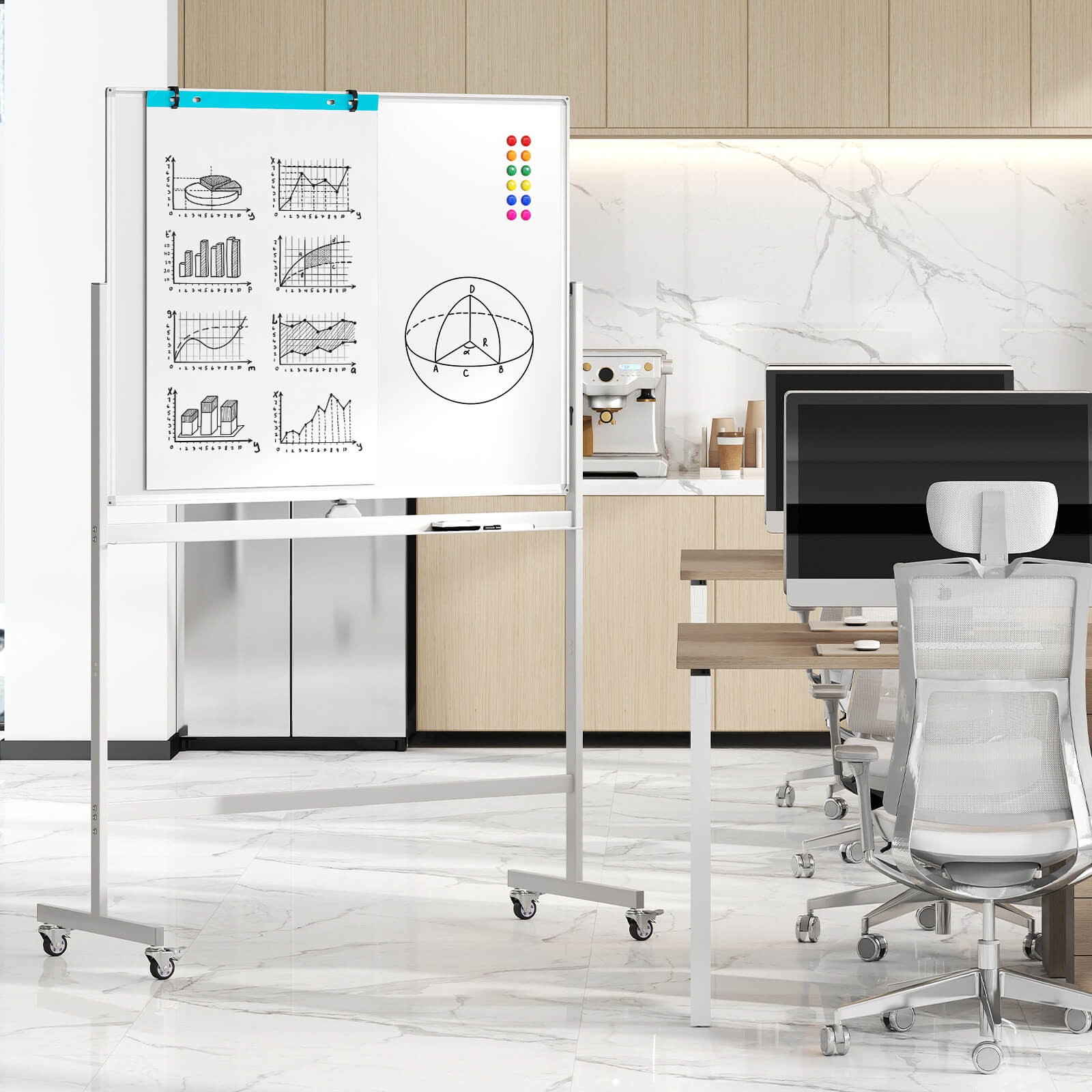 Costway Height Adjust 48″x36″ Mobile Magnetic Double-Sided Reversible Whiteboard
