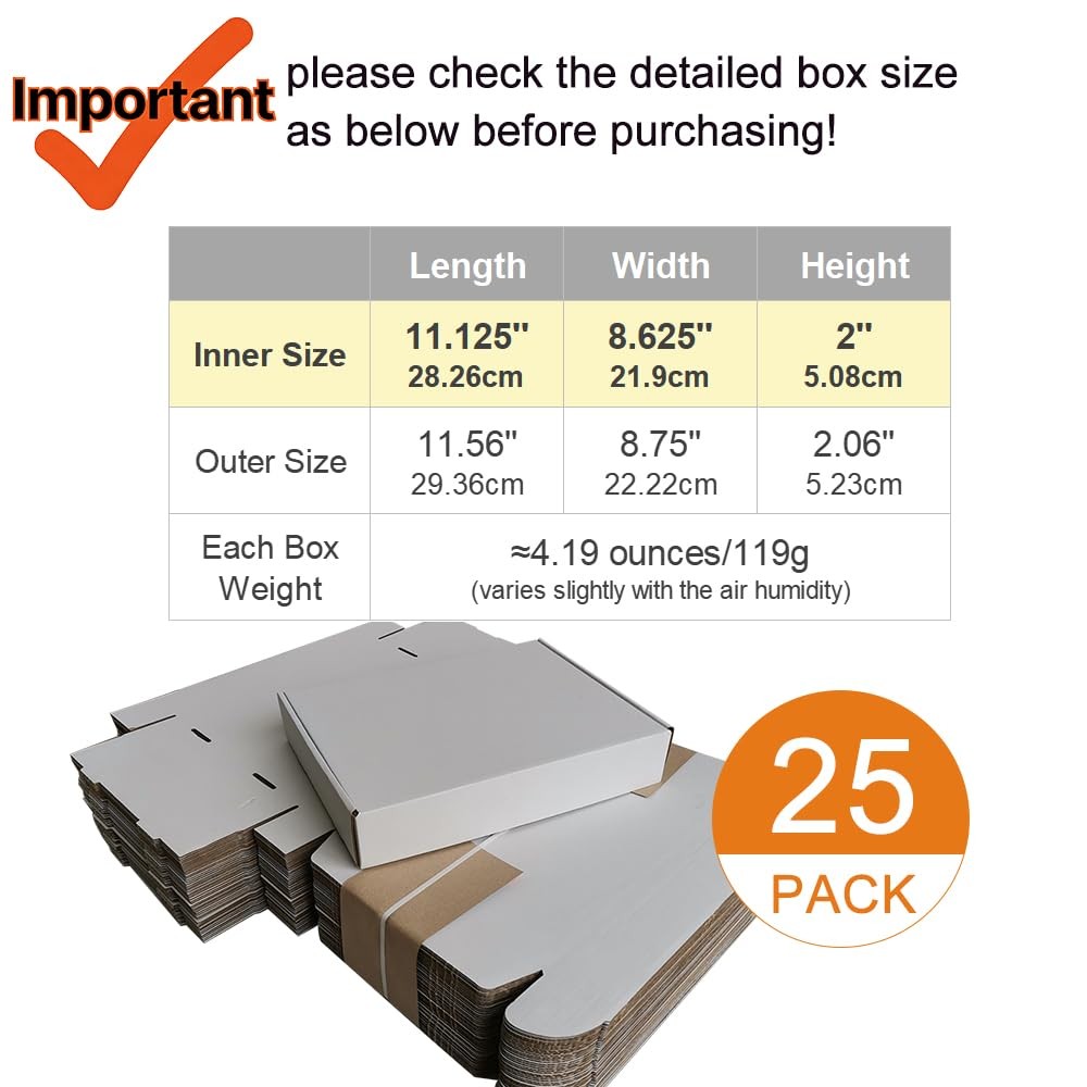 25 PCS Oyster White Corrugated Mailers 11 1/8 x 8 5/8 x 2 Inch CM118225