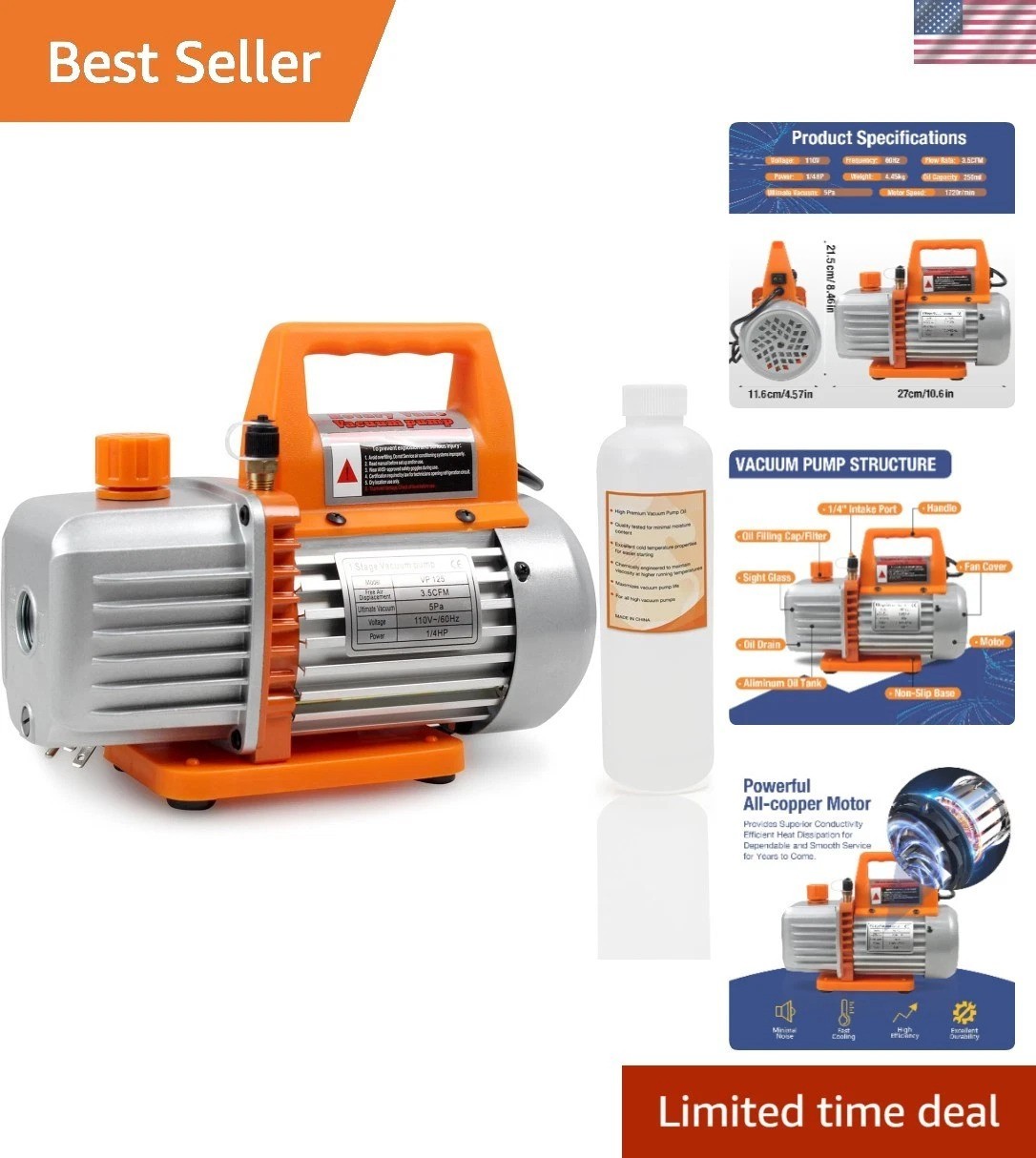 3.5CFM HVAC Vacuum Pump 110V – Durable Rotary Vane for Refrigerant Recharging