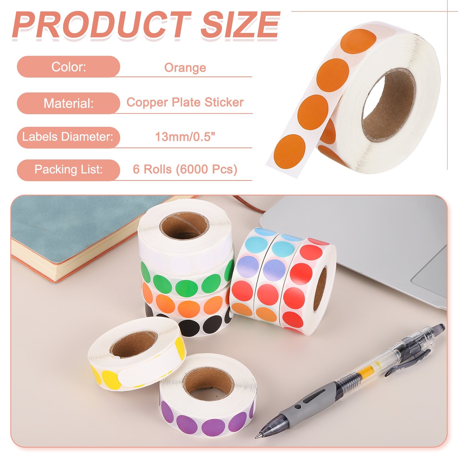 6000 Pcs 6 Roll 0.5 Inch Colored Dot Stickers Labels, Orange