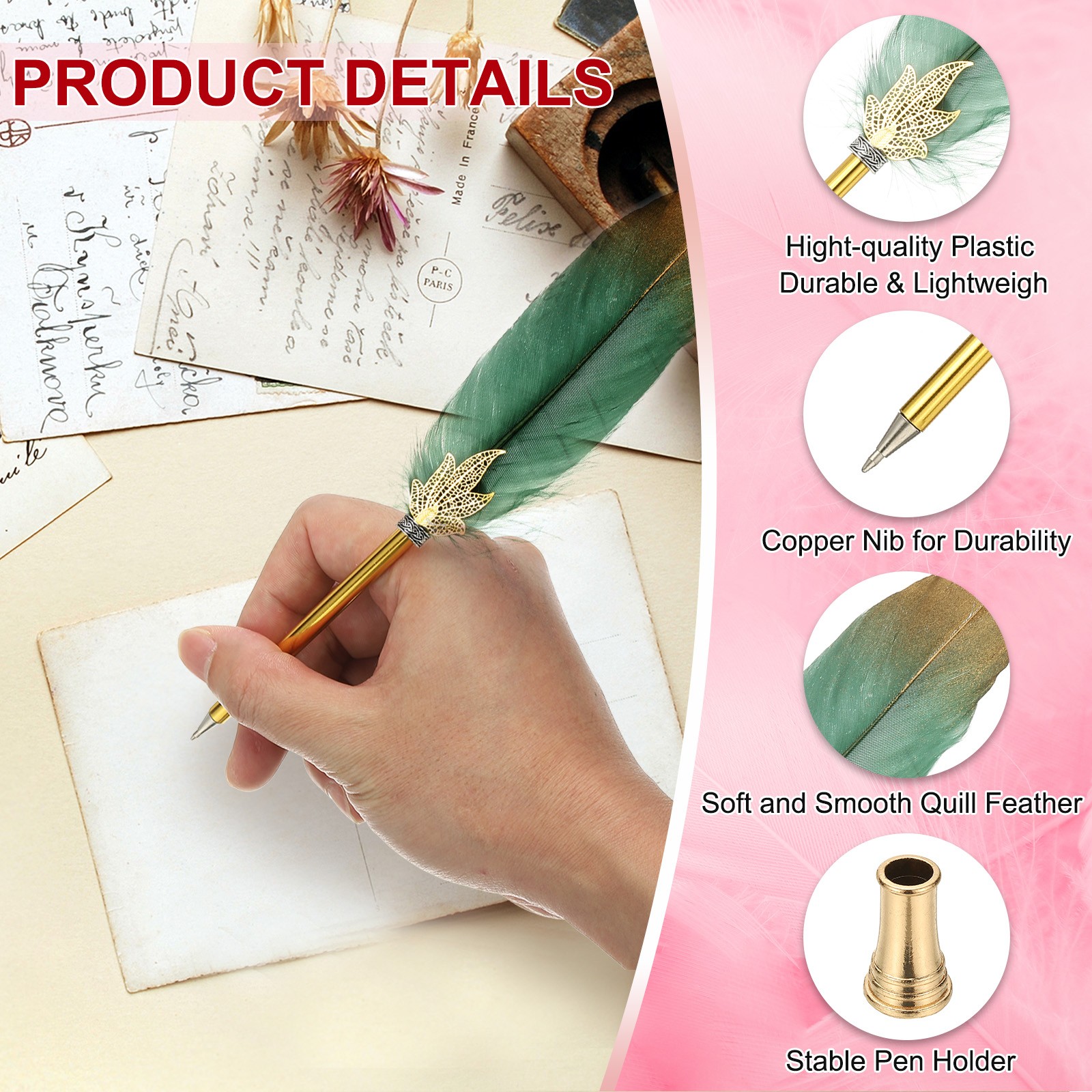 Feather Pen Quill, Ballpoint Pen with Golden Pen Holder, Dark Green