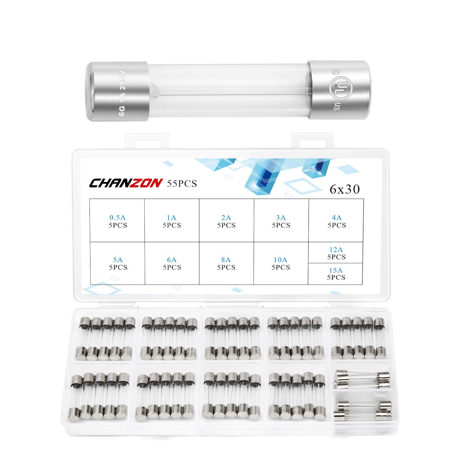 UL 11 Values 6x30mm Glass Fuse Kit 55pcs Fast Blow 125/250V 0.5A-15A Assortment