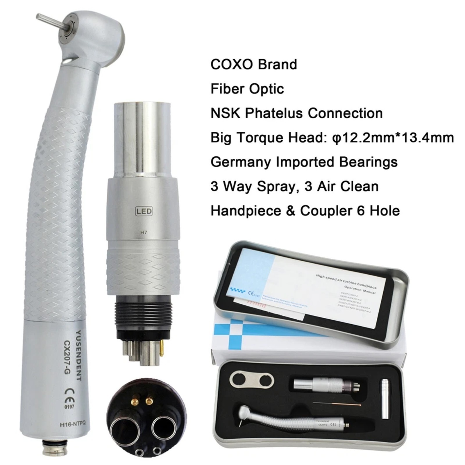 Dental High Speed Air Turbine Fiber Optic Handpiece NSK Coupler 4 Hole 6 Pin LED