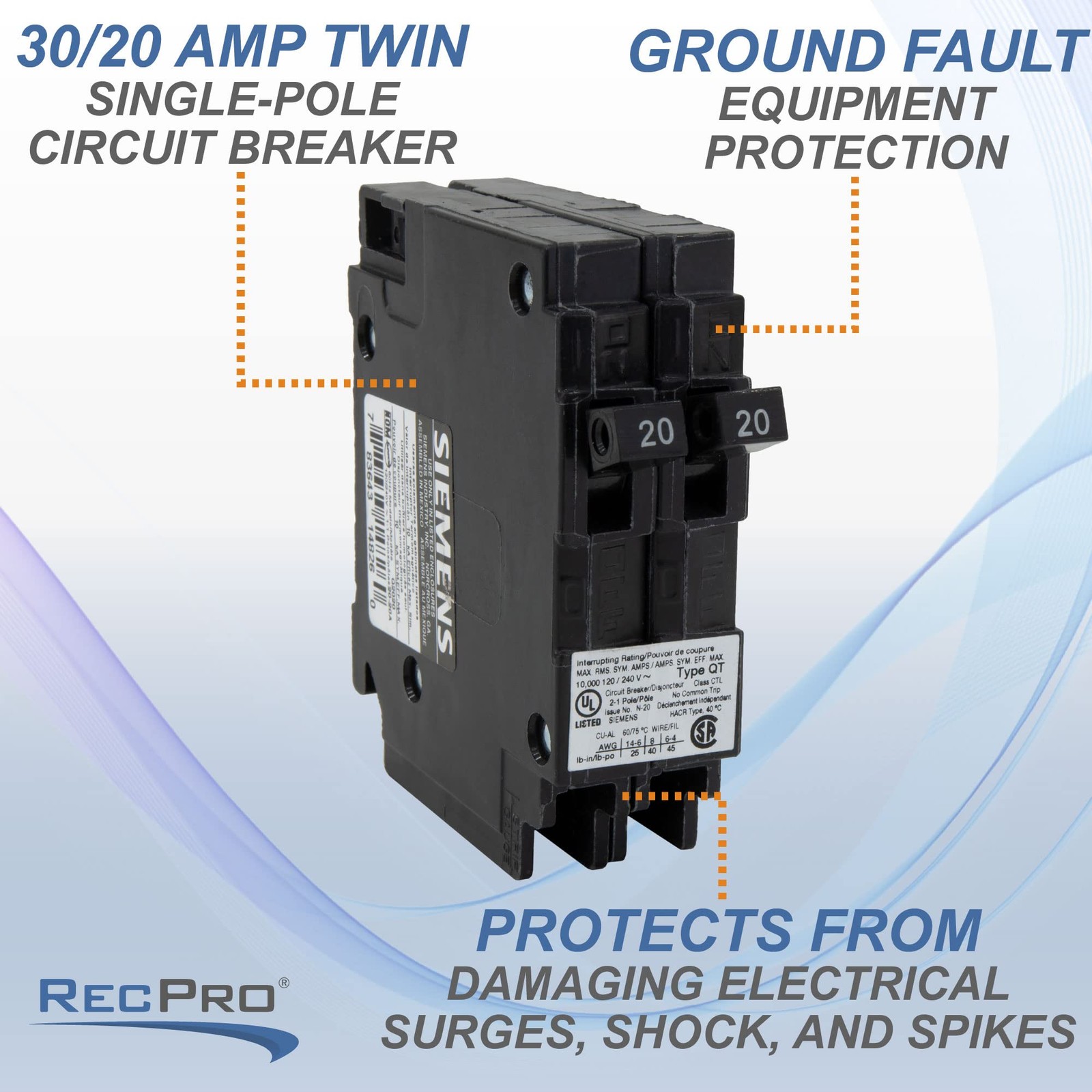 RV Circuit Breaker 30/20 Amp Twin Single-Pole 120V QT Compatible 1 Pack