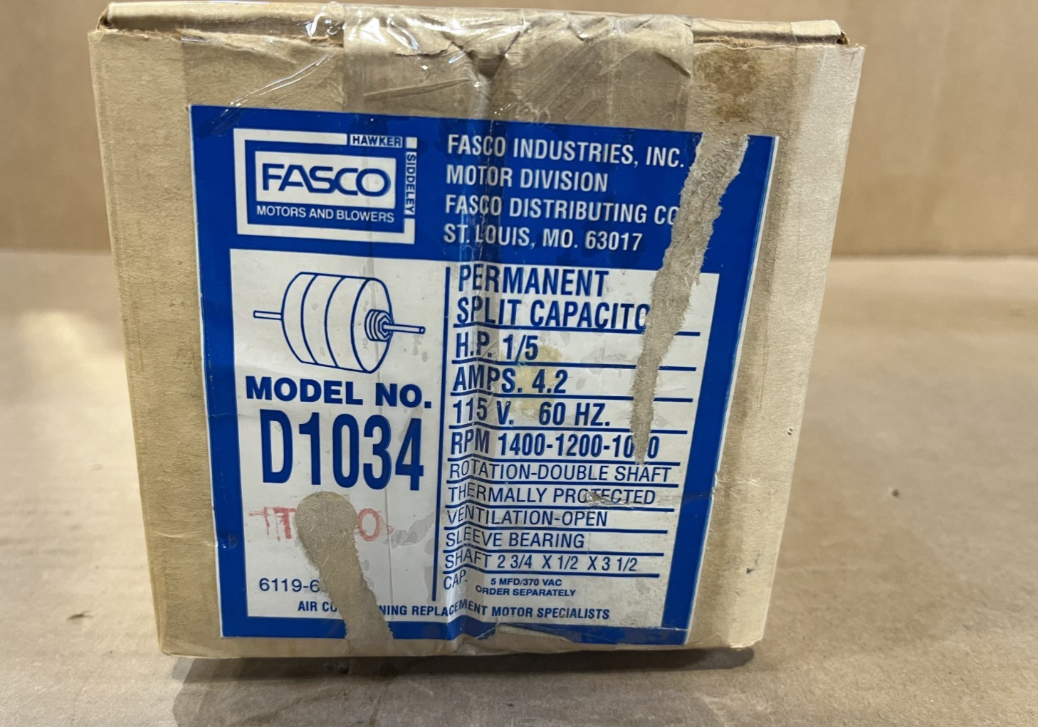 Fasco D1034 Permanent Split Capacitor Motor 1/5 HP 1400 1200 1000 RPM 115Volts