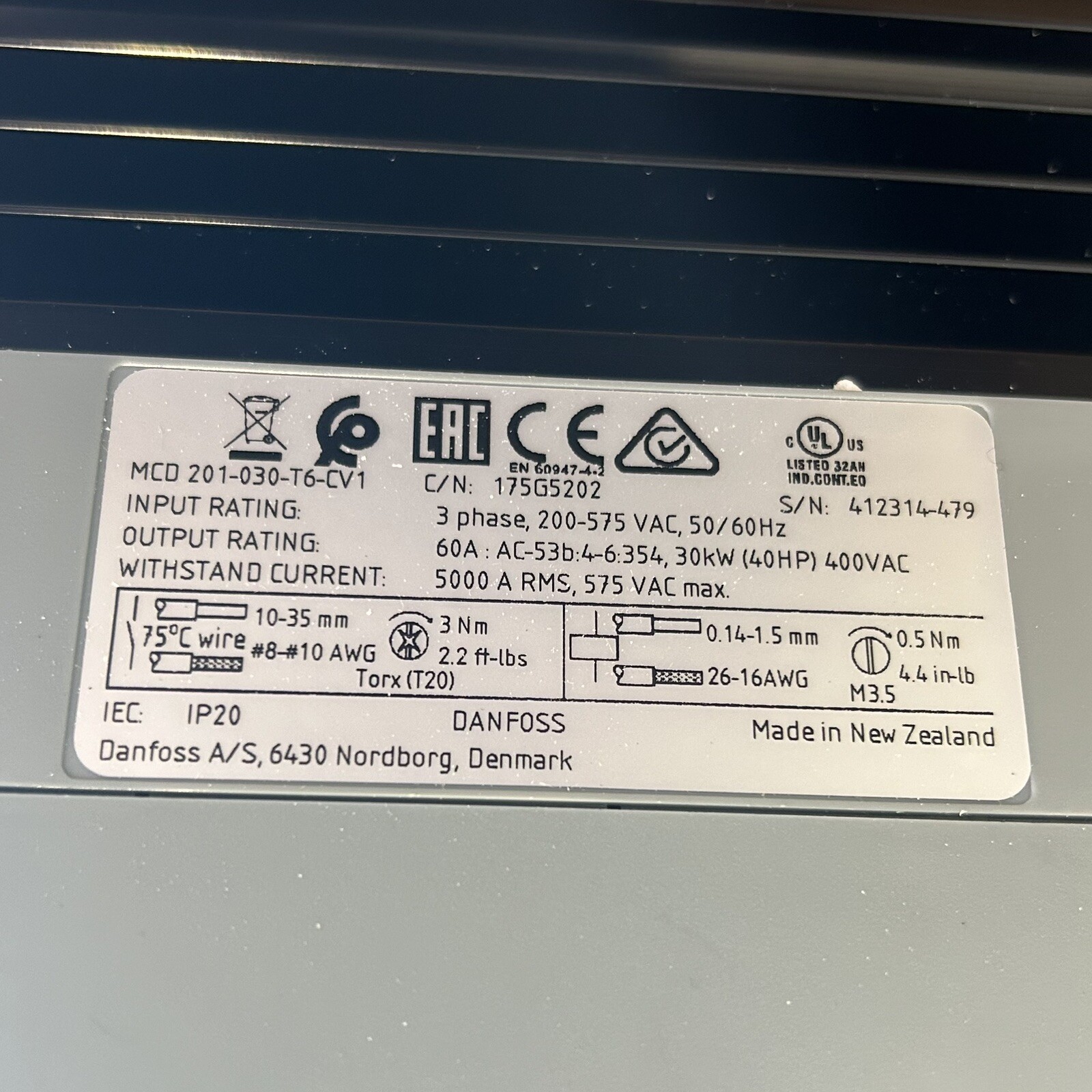 Danfoss MCD 201-030-T6-CV1 Compact Starter 30kW 40HP 400V 3PH Drive