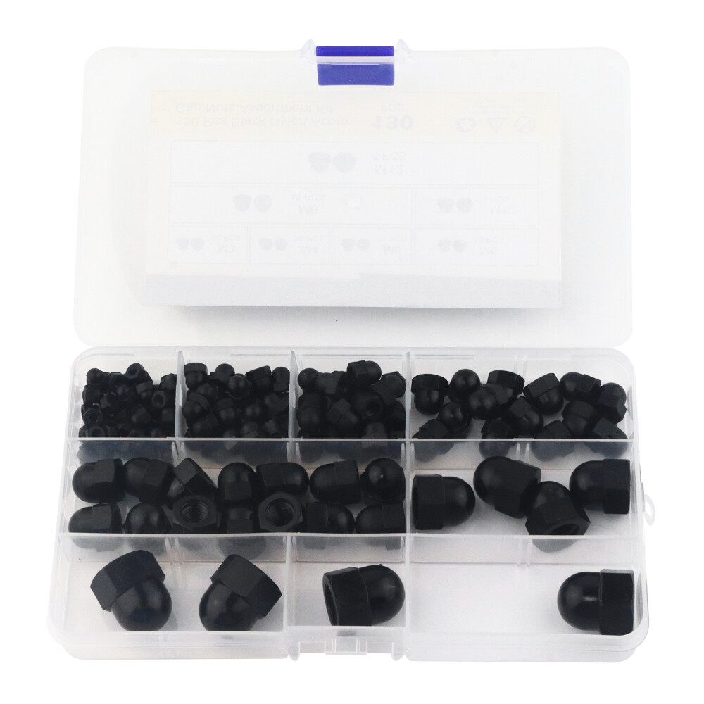 7Sizes 130Pcs Black Nylon Acorn Nut Metric Inner Threaded Cap Nuts Assortment