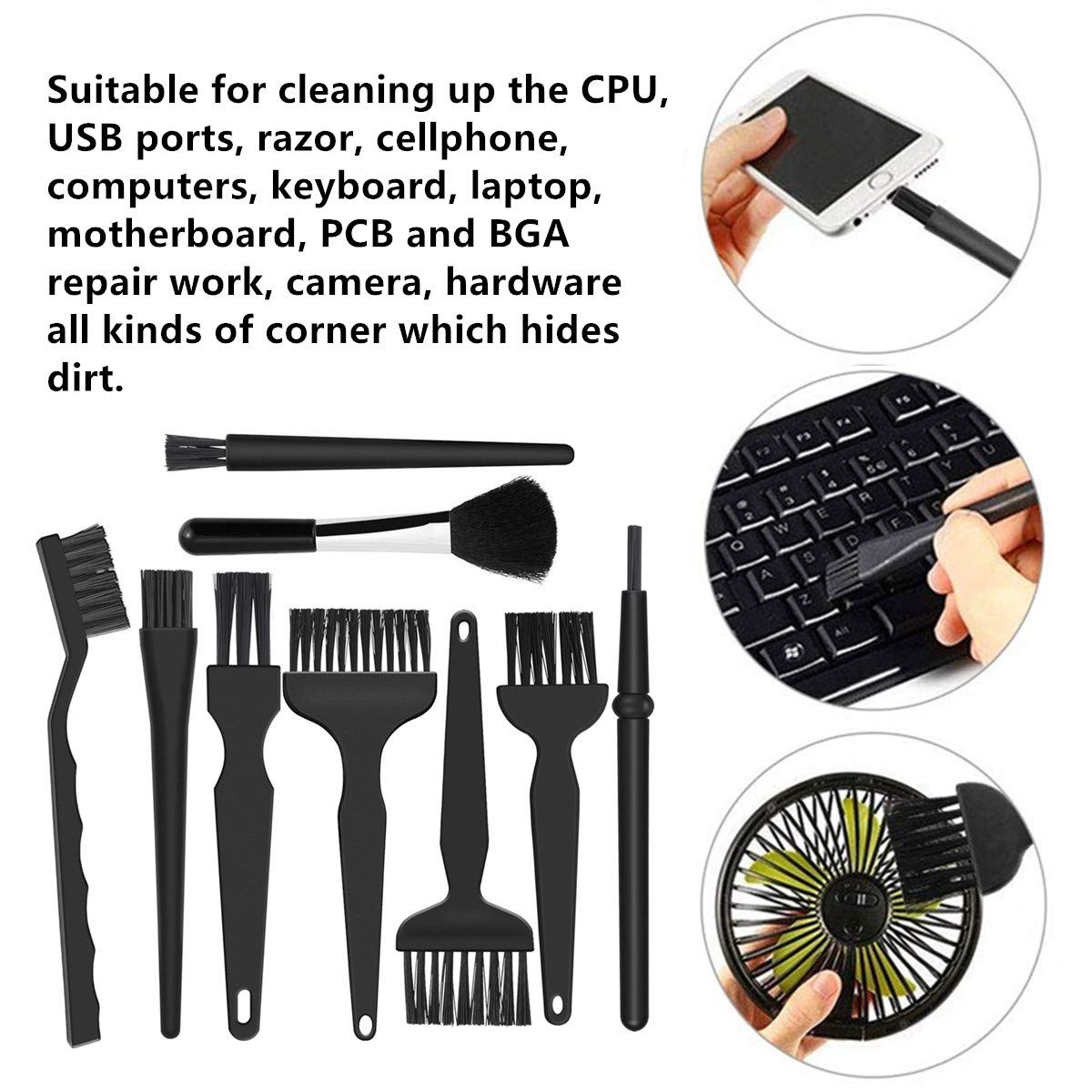 9 in 1 Anti Static Brushes Small Cleaning Kit Multi-Purpose Small, Black