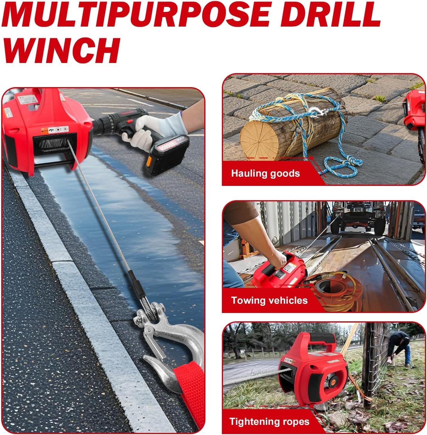 Portable Drill Winch 1500LB Capacity Hand Winch with 40FT Steel Cable 360°