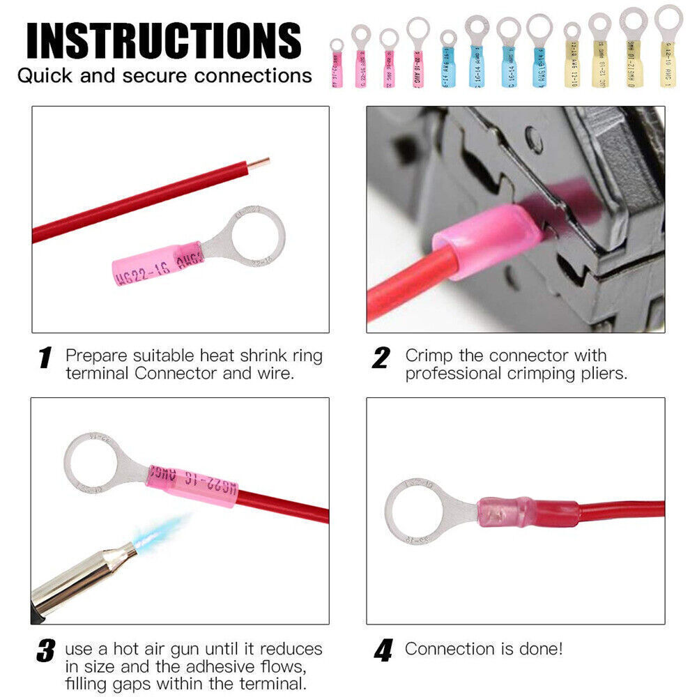 Waterproof Wire Crimp Connectors Heat Shrink Ring Terminals 22-10 AWG 50-500PCS