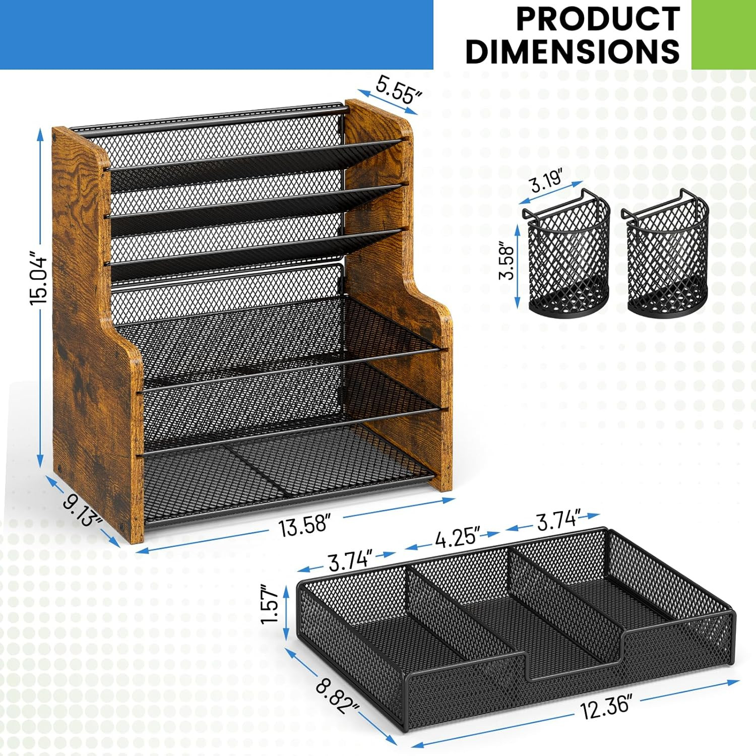 6-Tier Mesh Desk Organizer with Drawer, Wooden Office Organizer for Papers, Fold