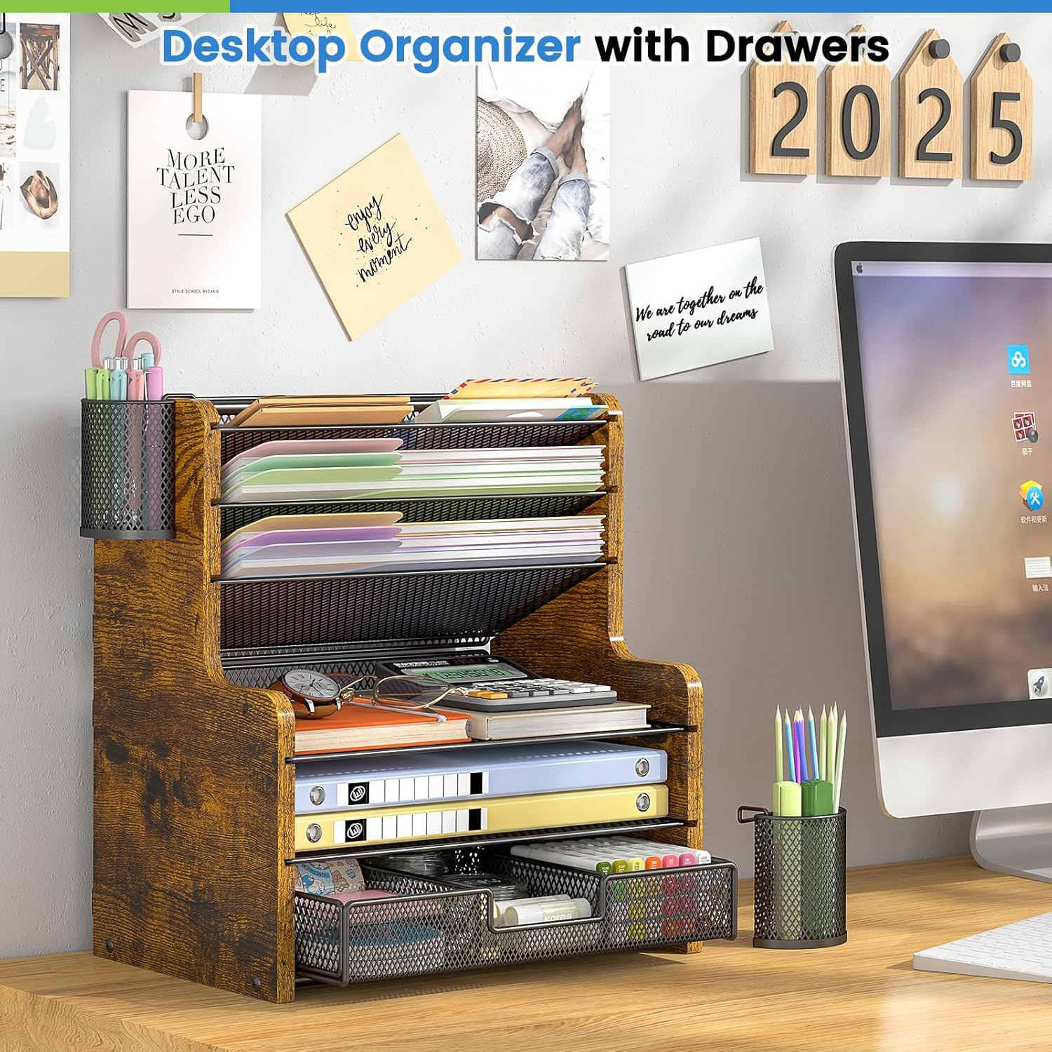 6-Tier Mesh Desk Organizer with Drawer, Wooden Office Organizer for Papers, Fold