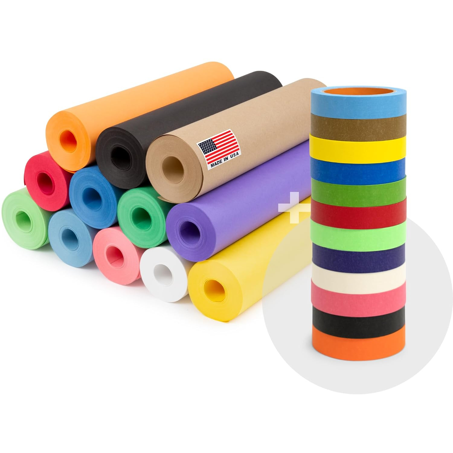 12 Rolls of 12″ X 100′ Colored Kraft Paper and 12 Rolls of Colored Masking Tape